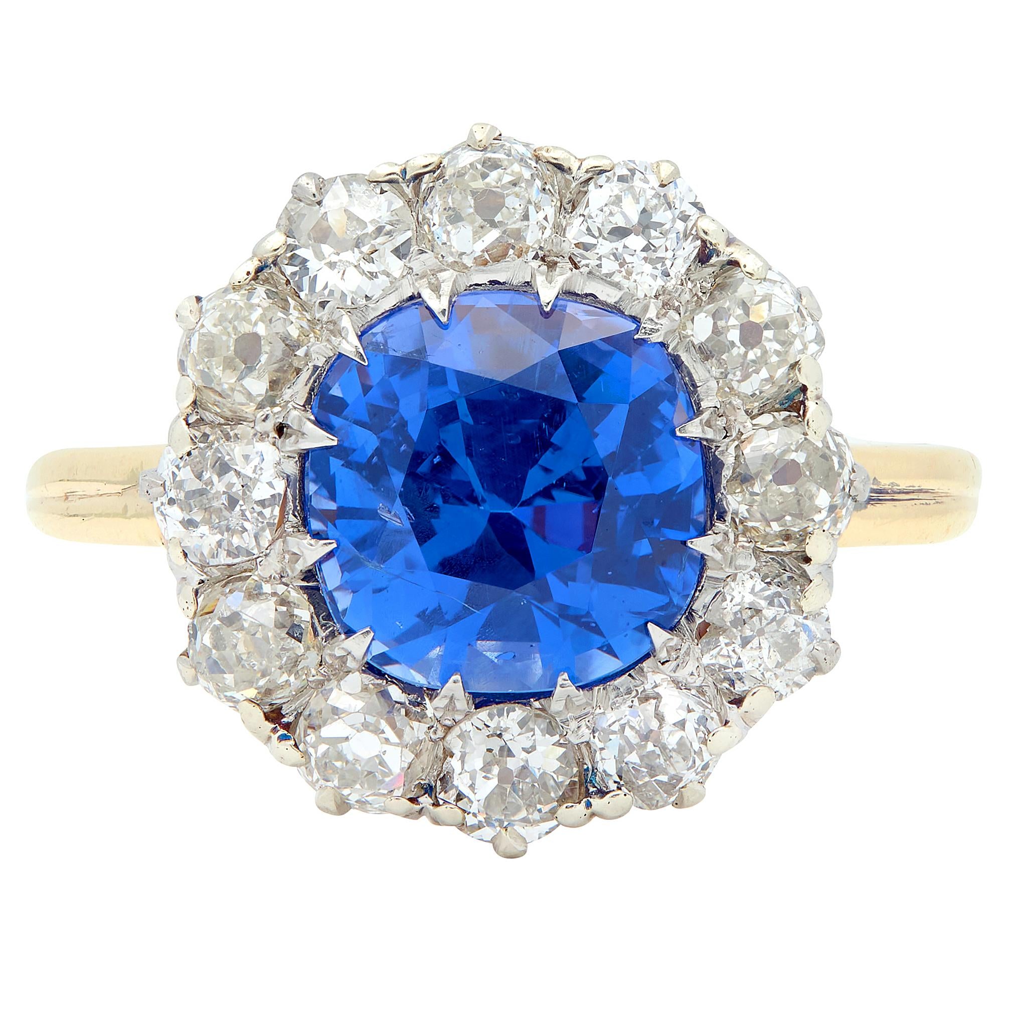 Frank Walter Lawrence No Heat Ceylon Sapphire Diamond 14K Gold Antique Halo Ring