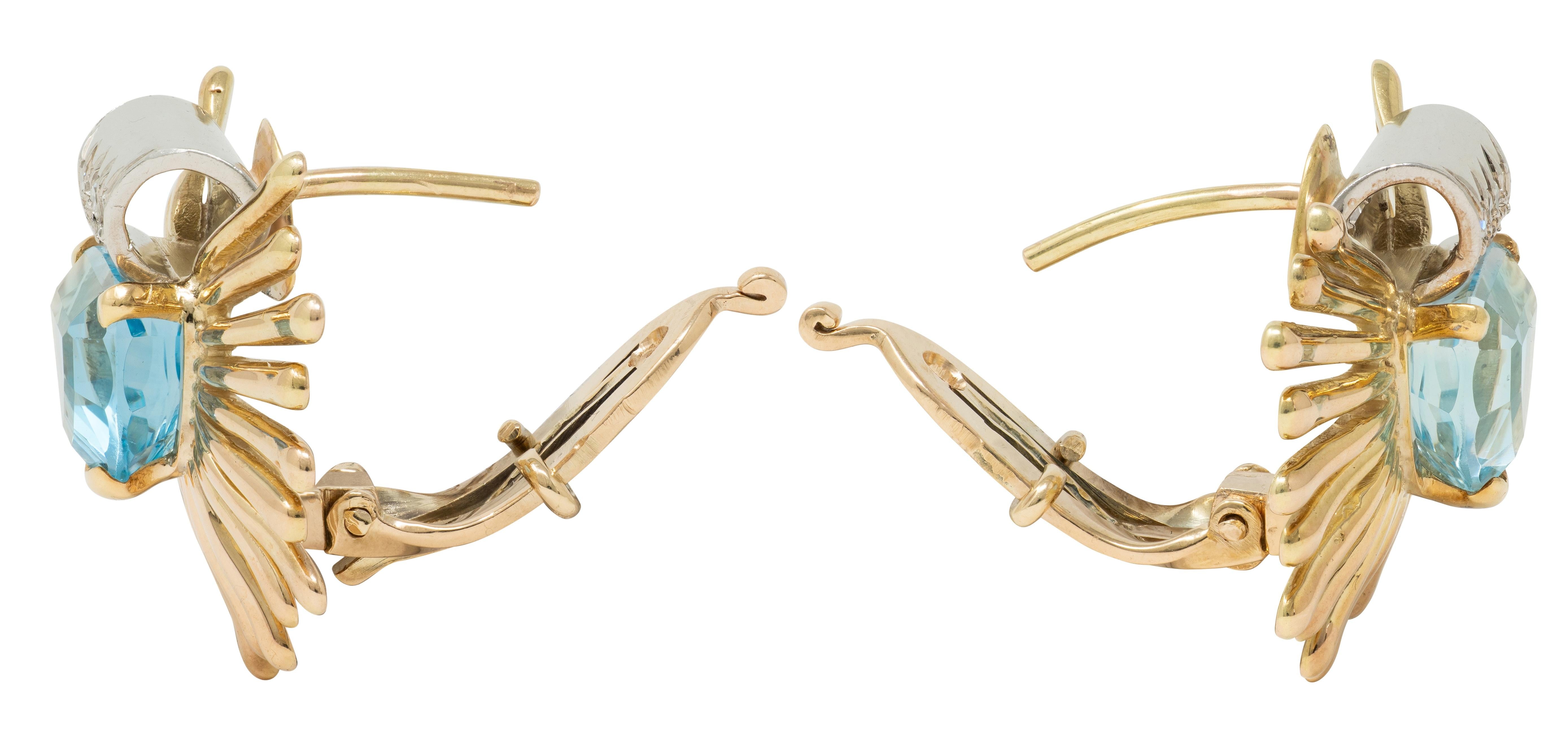 1960's Aquamarine Diamond Platinum 14 Karat Yellow Gold Vintage Fanning Earrings