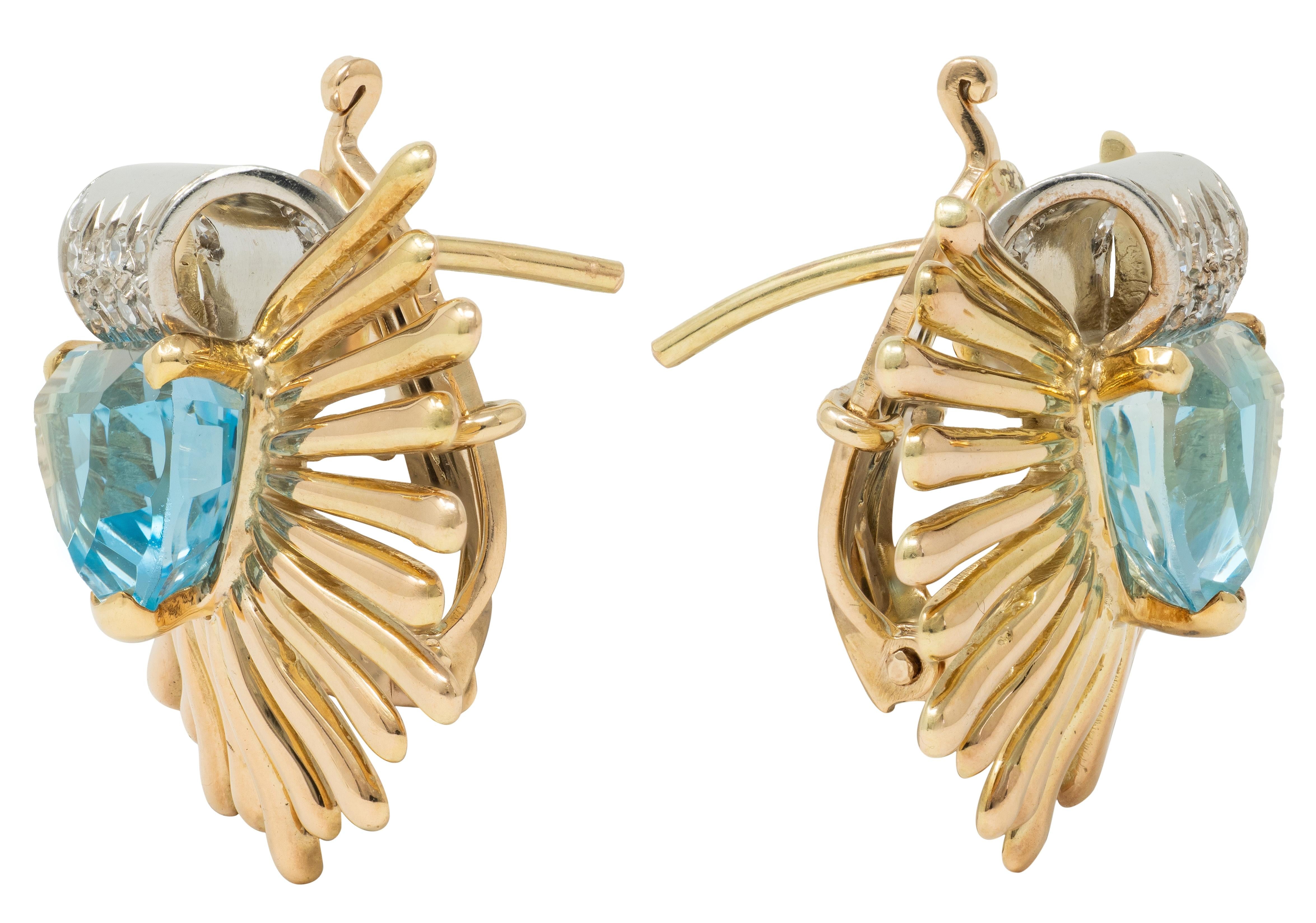 1960's Aquamarine Diamond Platinum 14 Karat Yellow Gold Vintage Fanning Earrings