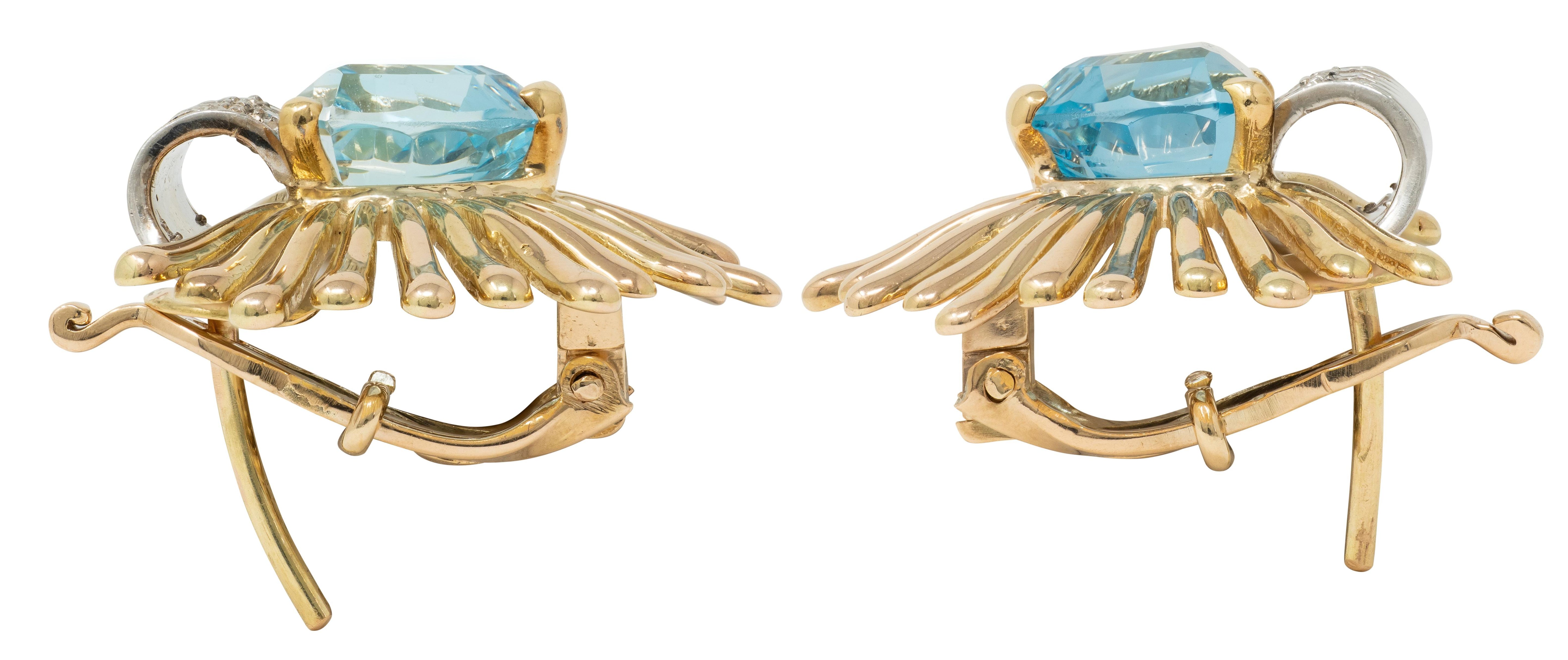 1960's Aquamarine Diamond Platinum 14 Karat Yellow Gold Vintage Fanning Earrings
