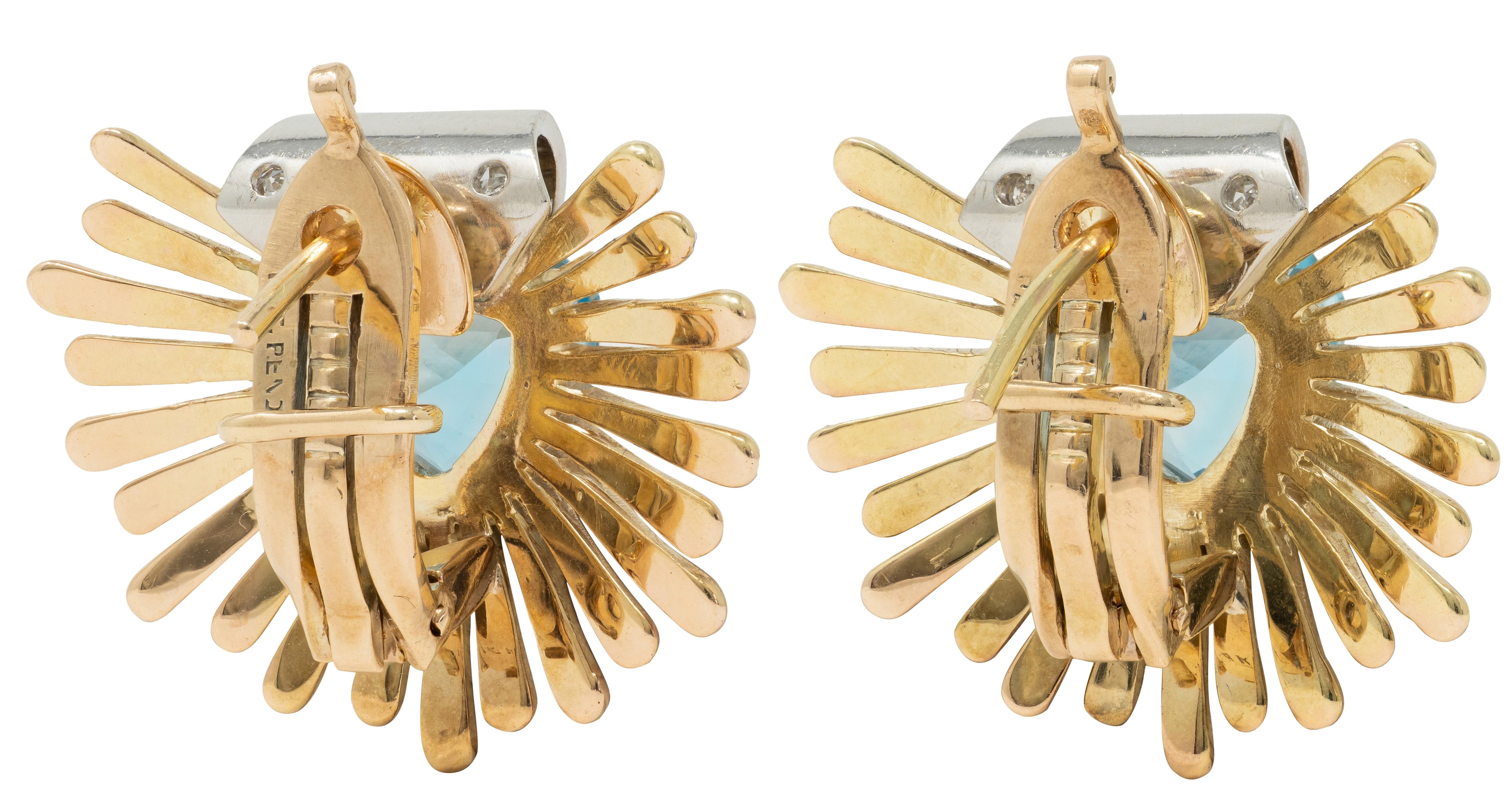 1960's Aquamarine Diamond Platinum 14 Karat Yellow Gold Vintage Fanning Earrings