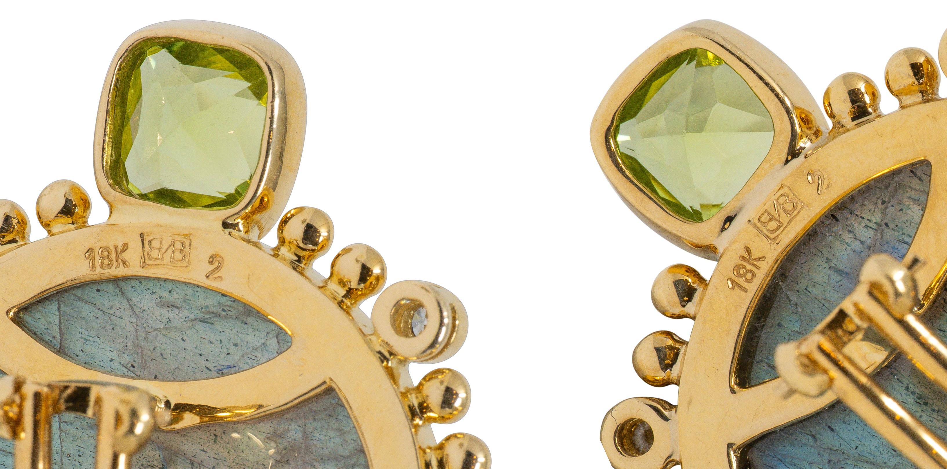 Contemporary Labadorite Peridot Diamond 18 Karat Yellow Gold Quatrefoil Earrings