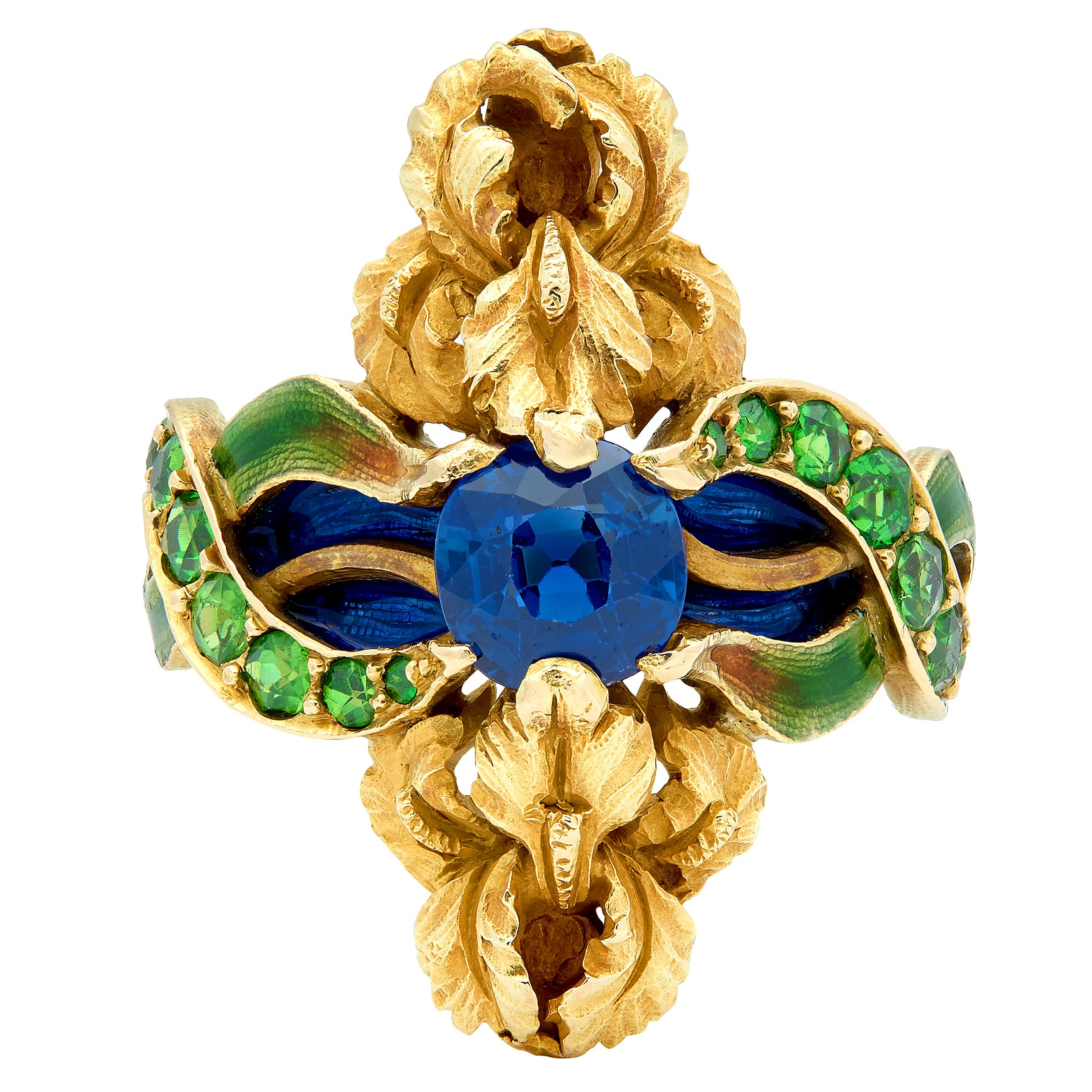 Marcus & Co. Art Nouveau Sapphire Enamel Demantoid 14K Gold Antique Iris Ring