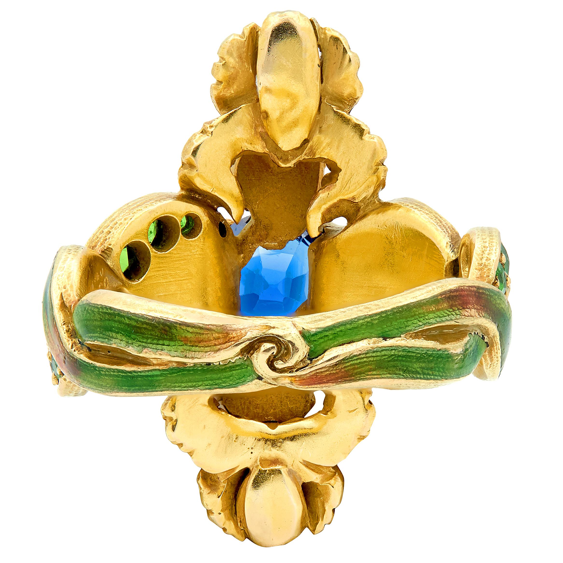 Marcus & Co. Art Nouveau Sapphire Enamel Demantoid 14K Gold Antique Iris Ring