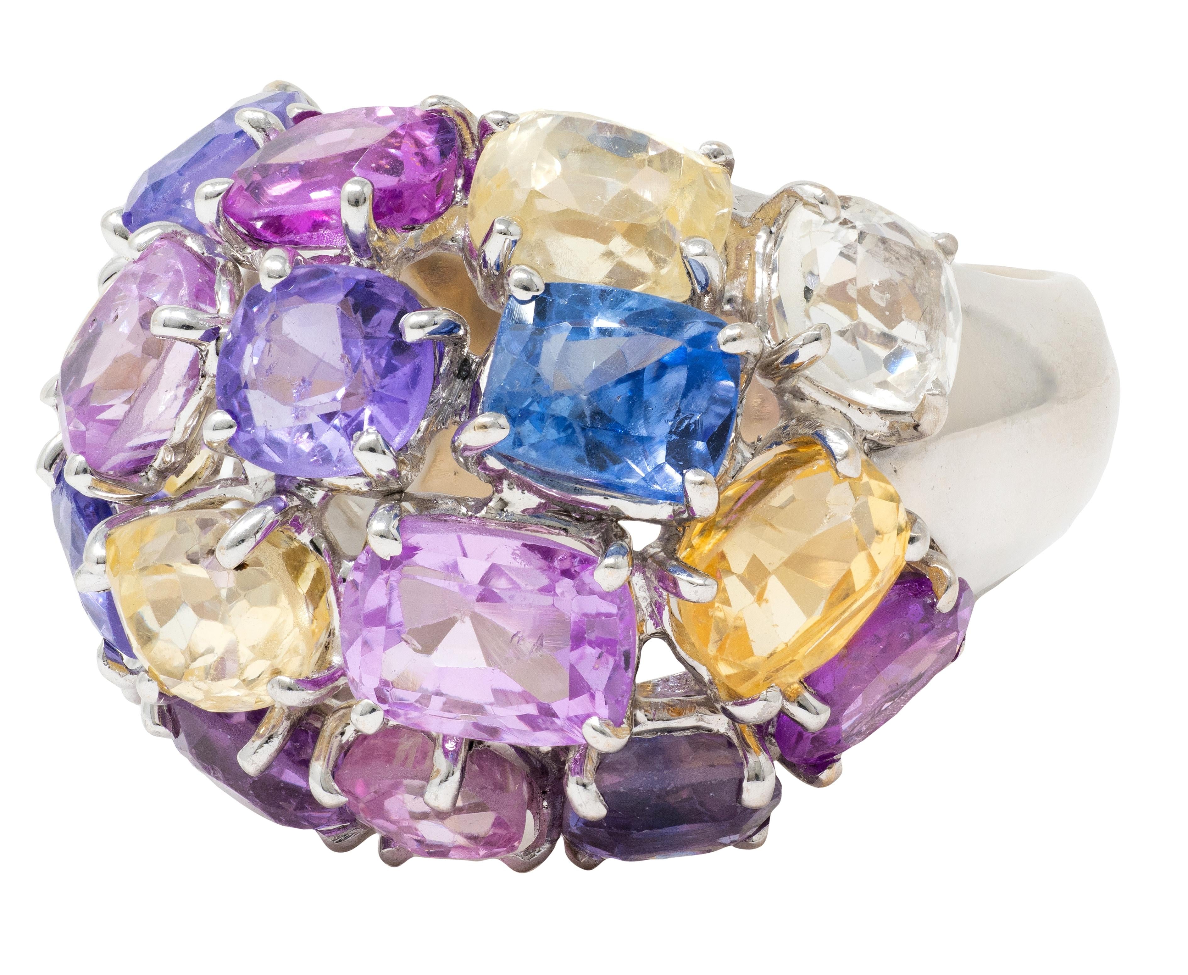 2000's 17.00 CTW Multi-Colored Sapphire 18 Karat White Gold Dome Cocktail Ring