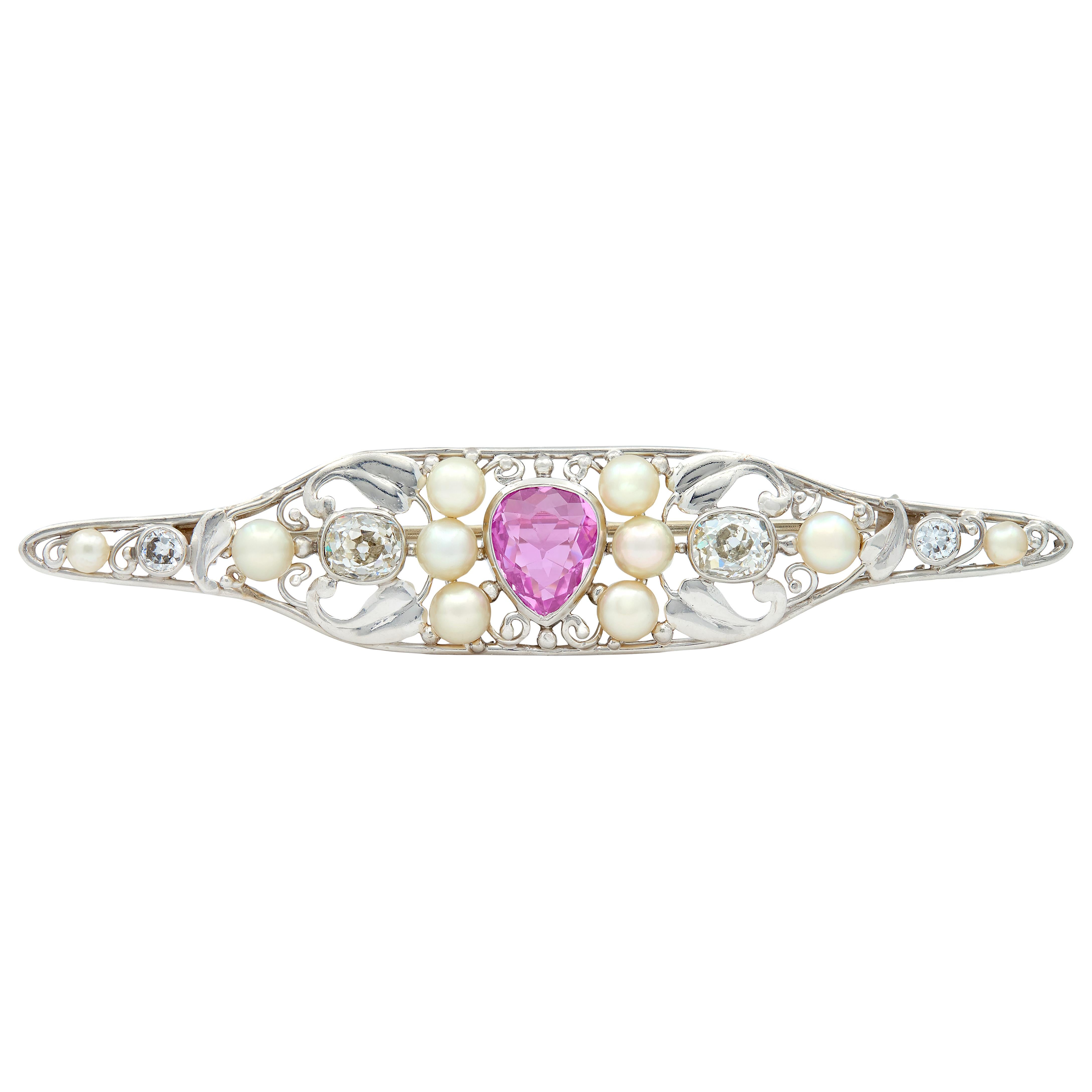 Art Nouveau Sapphire Diamond Pearl Platinum Antique Foliate Vine bar Brooch