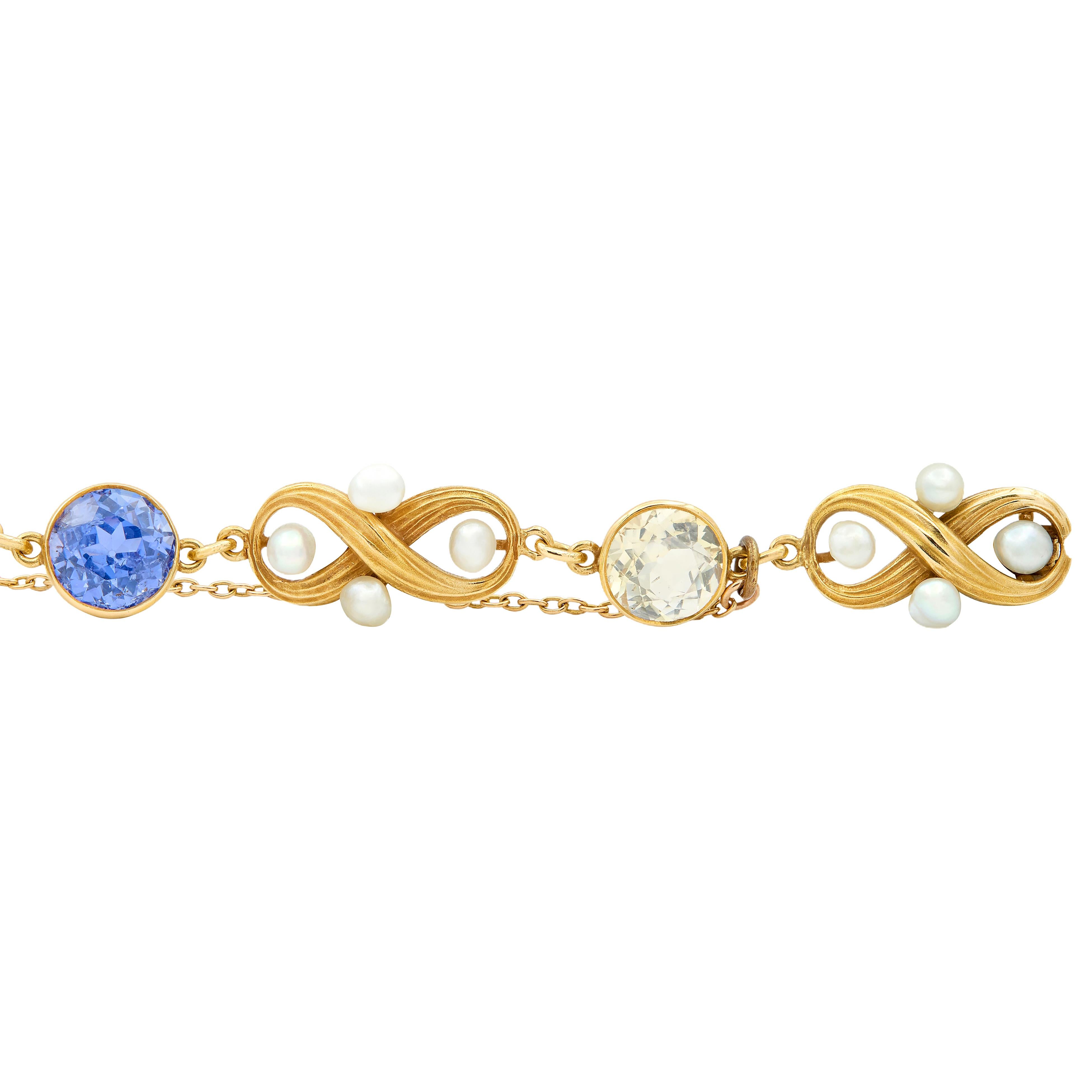 Art Nouveau Multi-Gem Sapphire 14K Yellow Gold Antique Infinity Link Bracelet