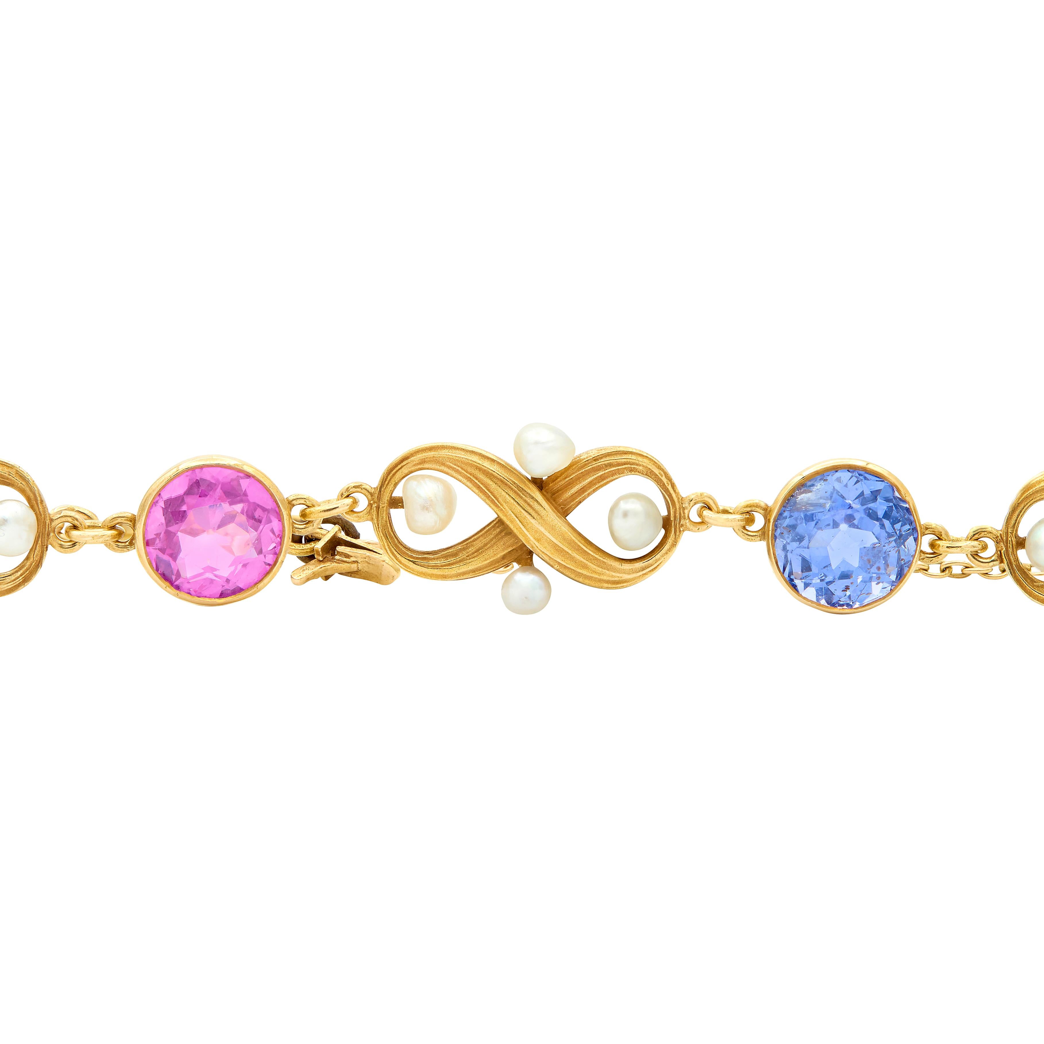 Art Nouveau Multi-Gem Sapphire 14K Yellow Gold Antique Infinity Link Bracelet