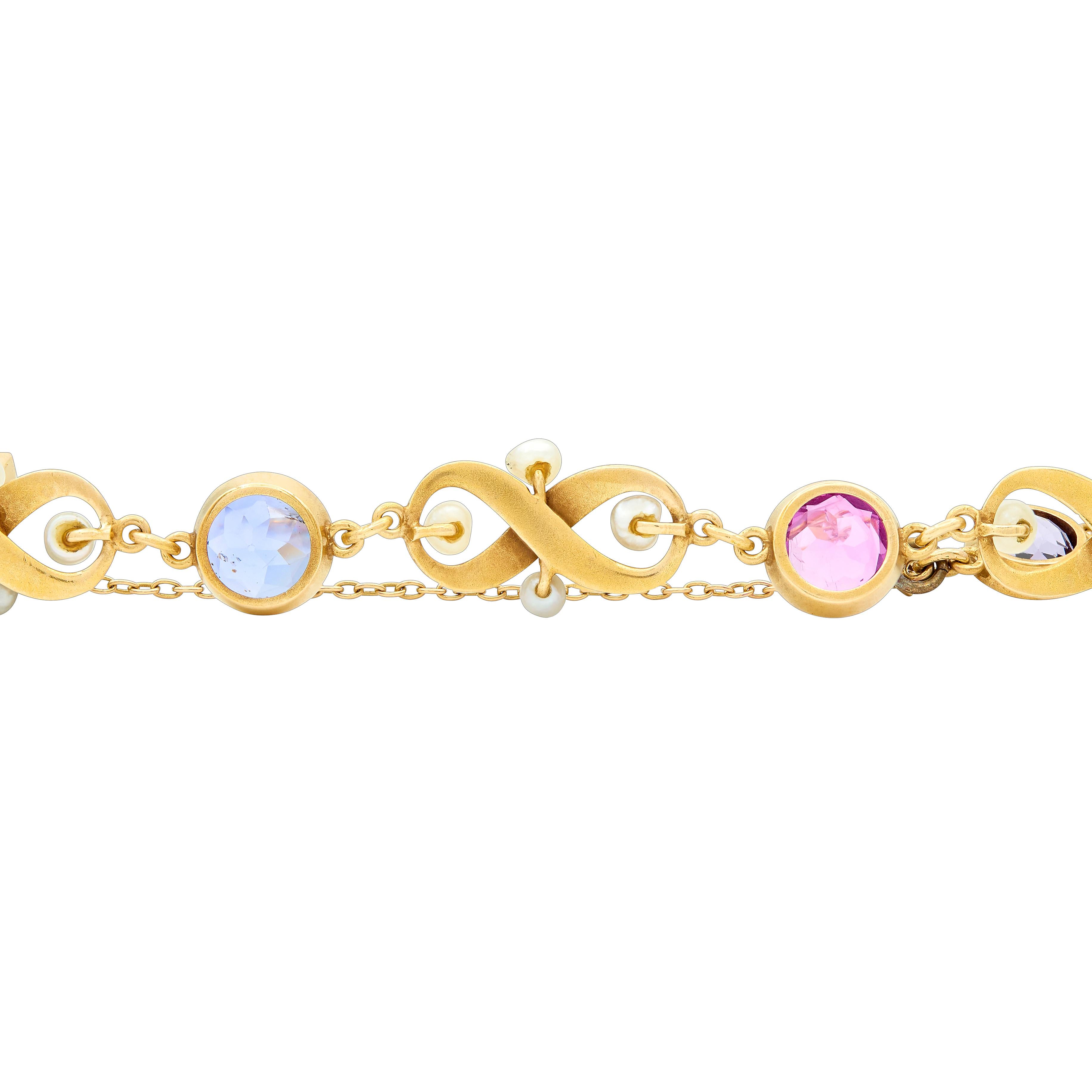 Art Nouveau Multi-Gem Sapphire 14K Yellow Gold Antique Infinity Link Bracelet