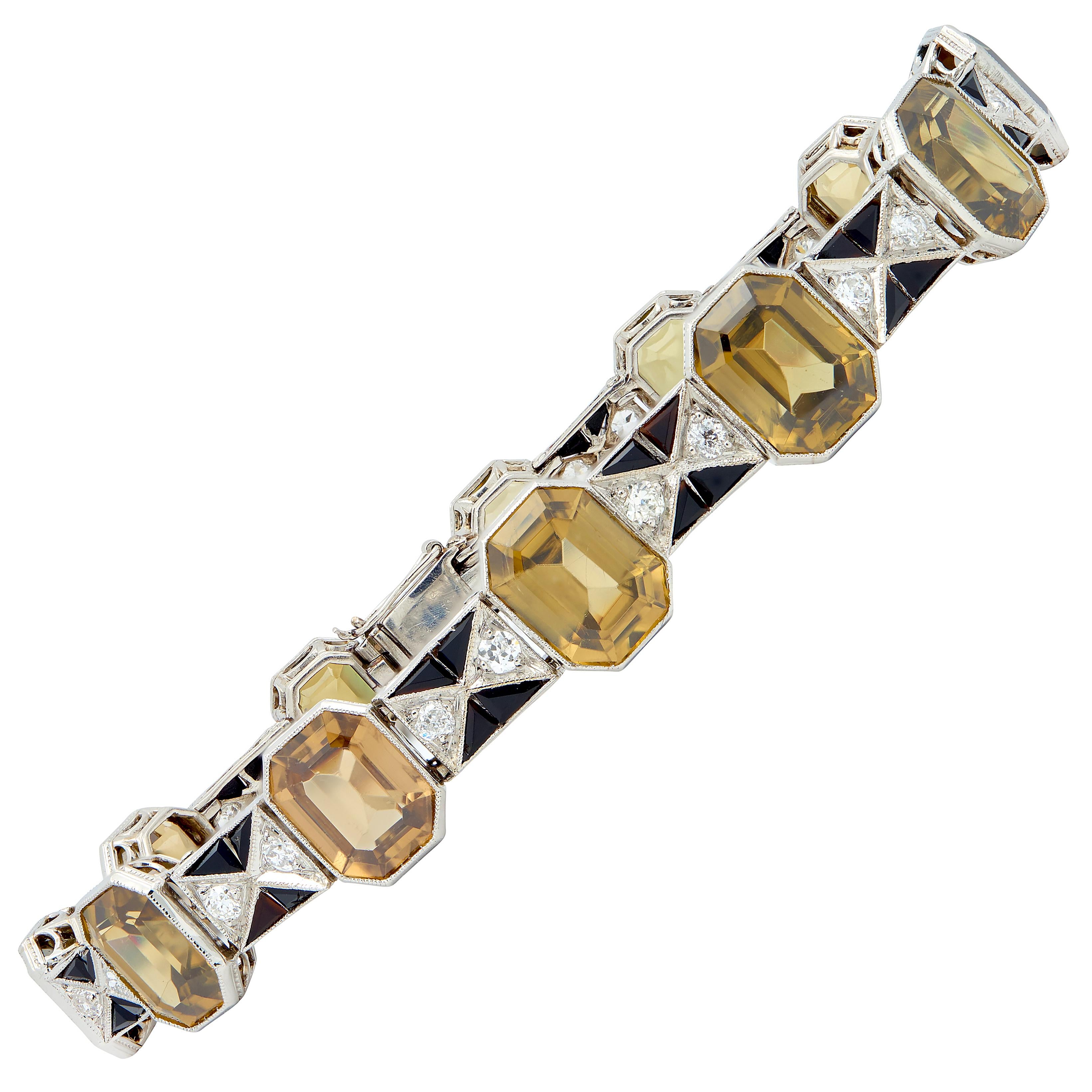 Menner Art Deco Zircon Diamond Onyx Platinum Vintage Geometric Line Bracelet