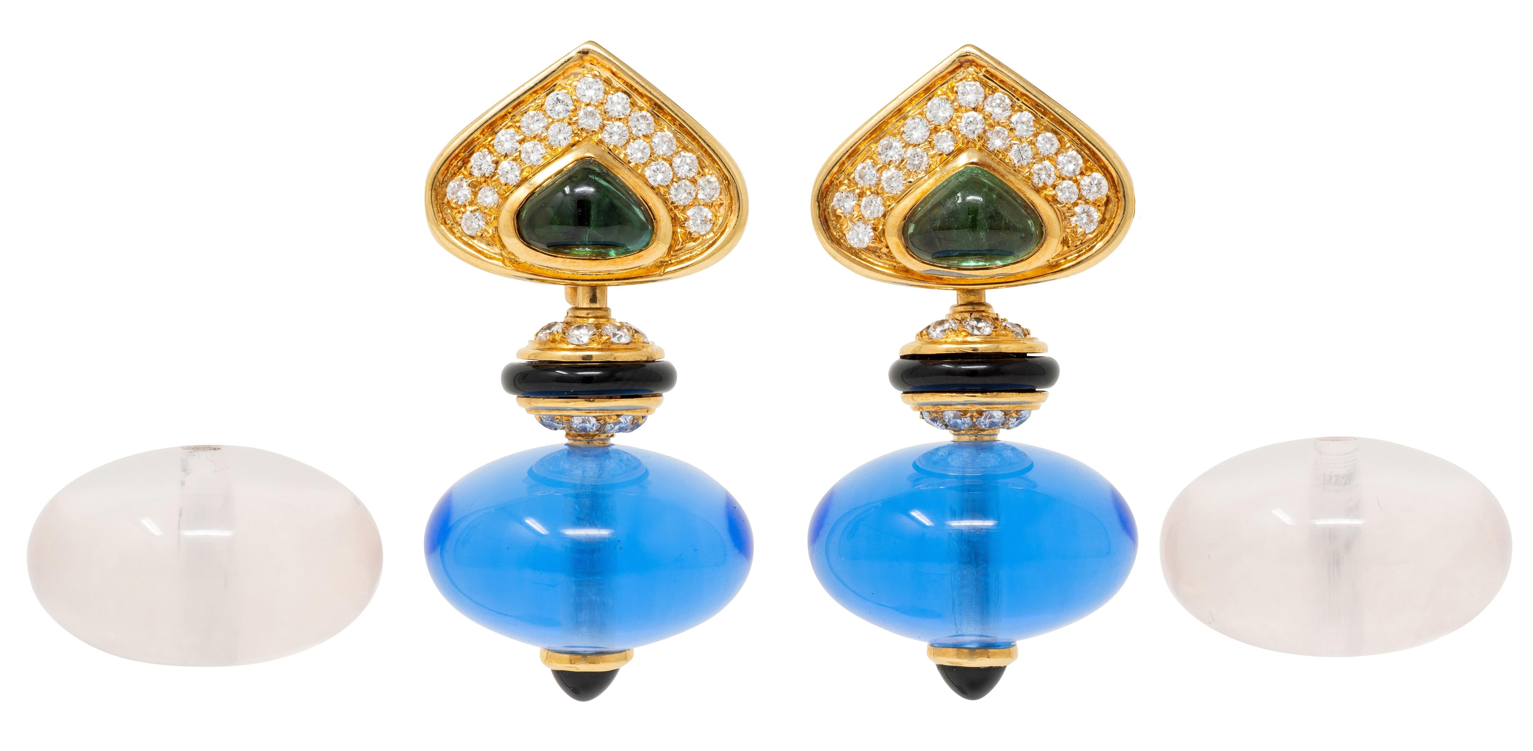 Marina B. Multi-Gem 18K Gold Vintage Interchangeable Pneu Drop Ear-Clip Earrings
