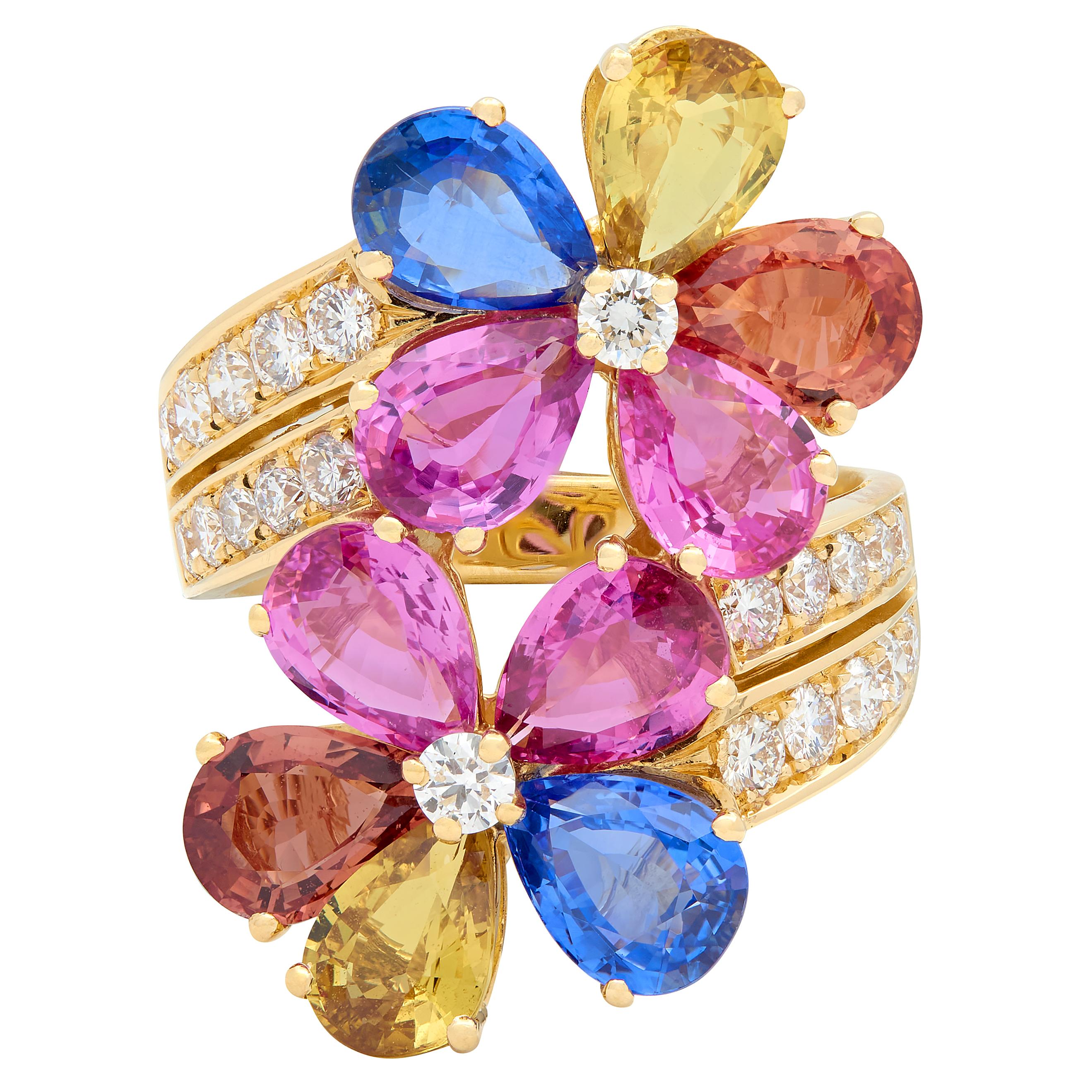Bulgari 17.26 CTW Diamond Sapphire Flower 18K Yellow Gold Floral Bypass Ring