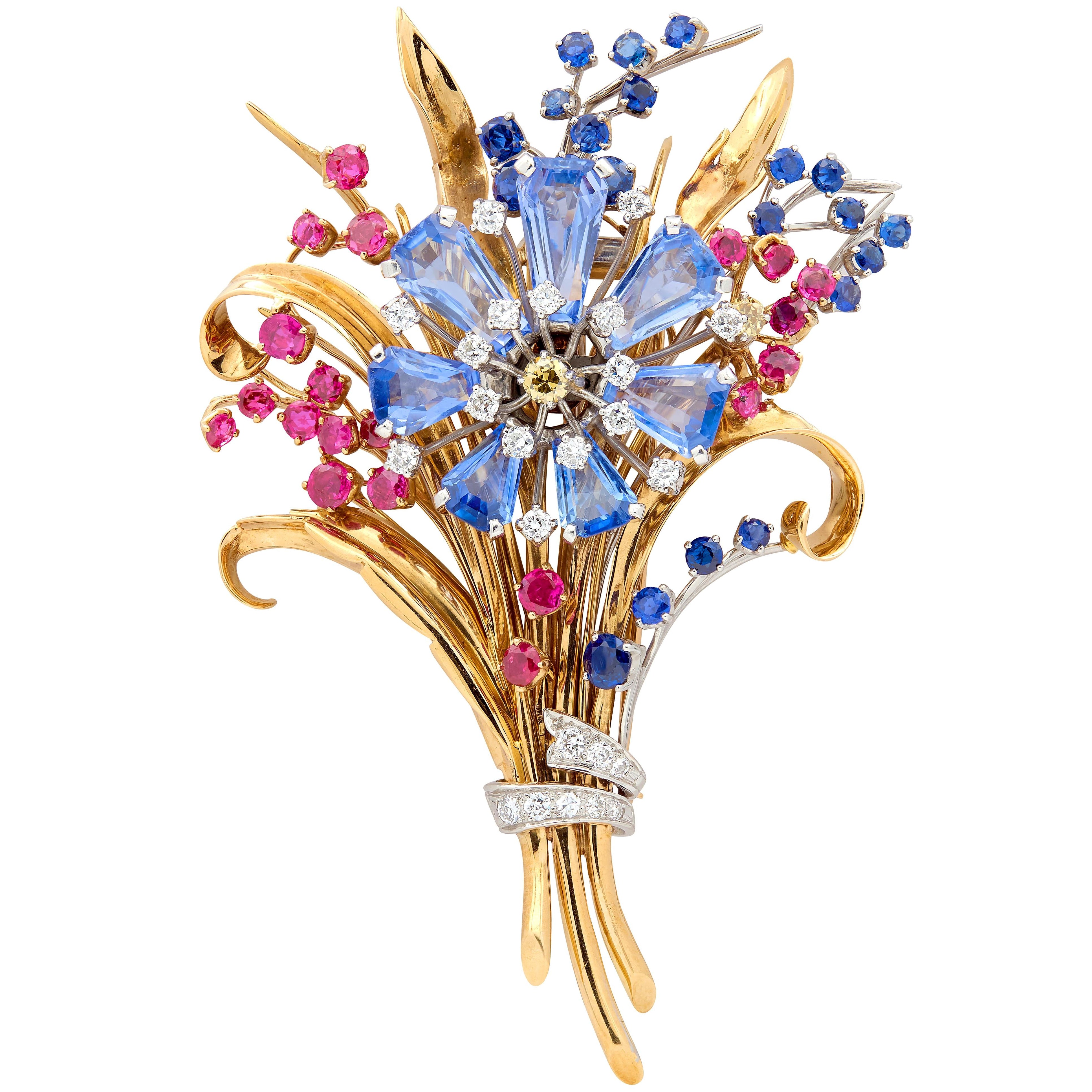 Tiffany & Co. Retro Diamond Sapphire Ruby 18K Gold Vintage Floral Bouquet Brooch