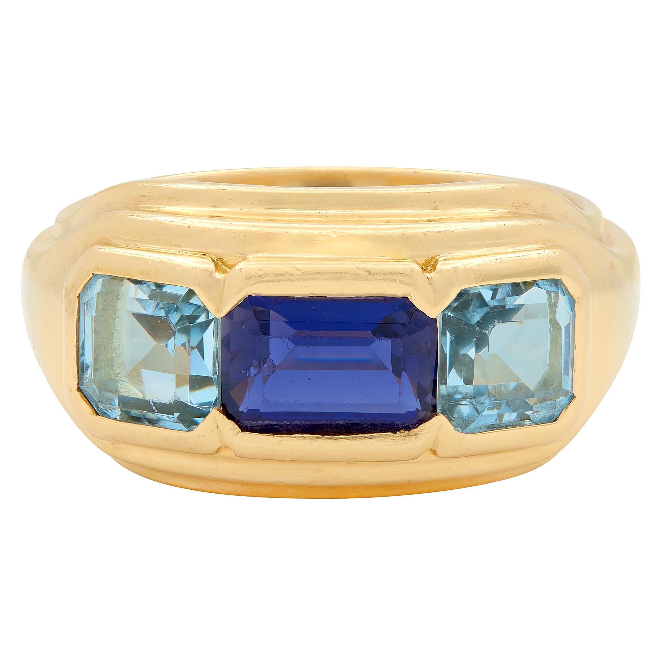 Bulgari 1990's Iolite Aquamarine 18 Karat Yellow Gold Vintage Three Stone Ring