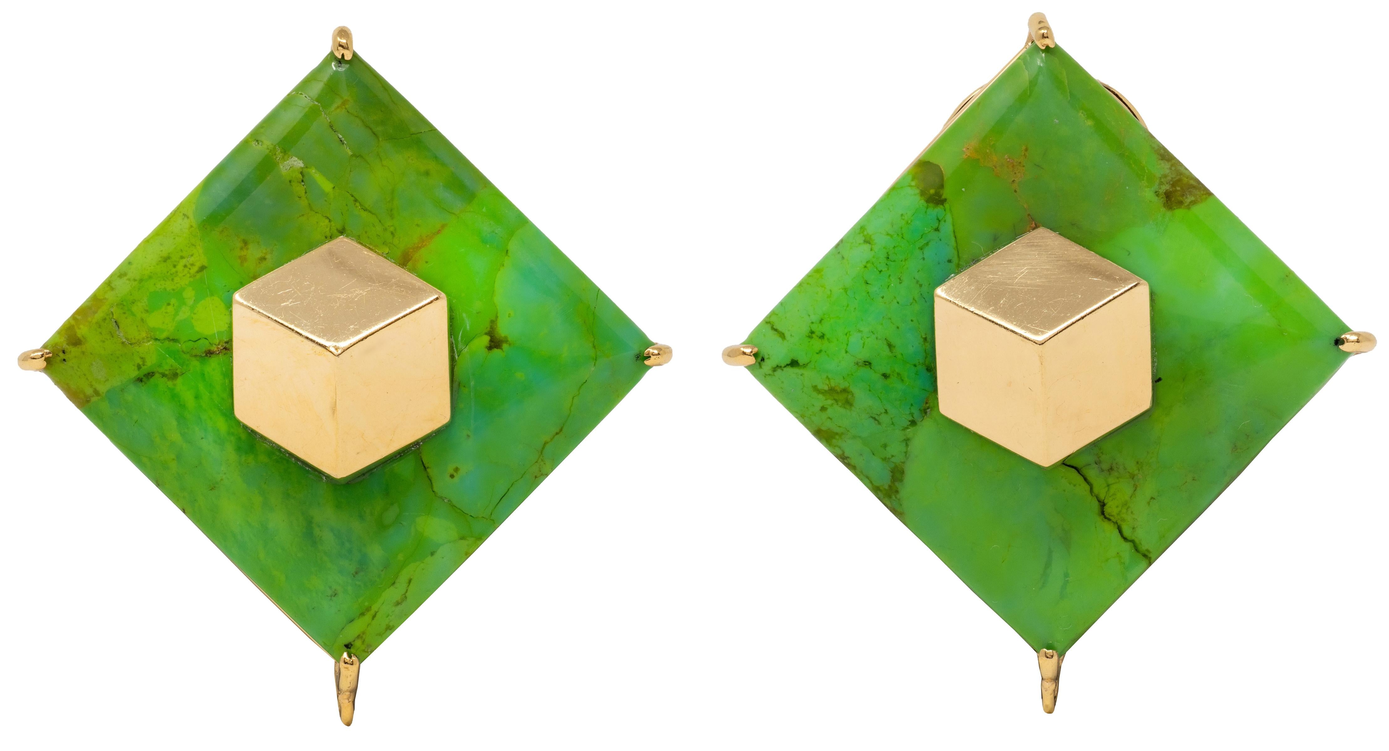 Paolo Costagli 2010's Turquoise 18K Gold Brilliante Cube Ear-Clip Earrings