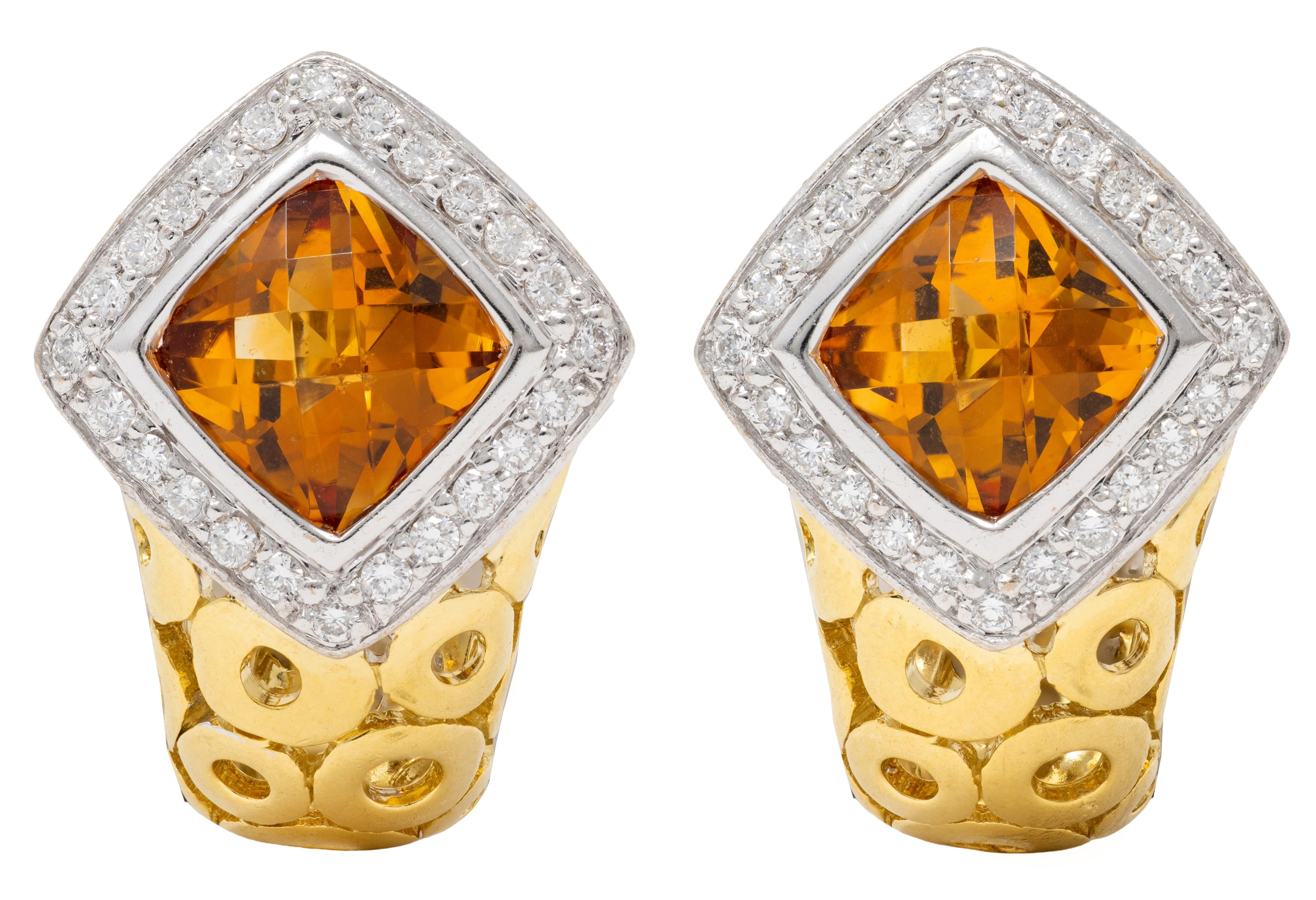 Spark 1990's Citrine Diamond 18 Karat Gold Vintage Geometric J-Hoop Earrings