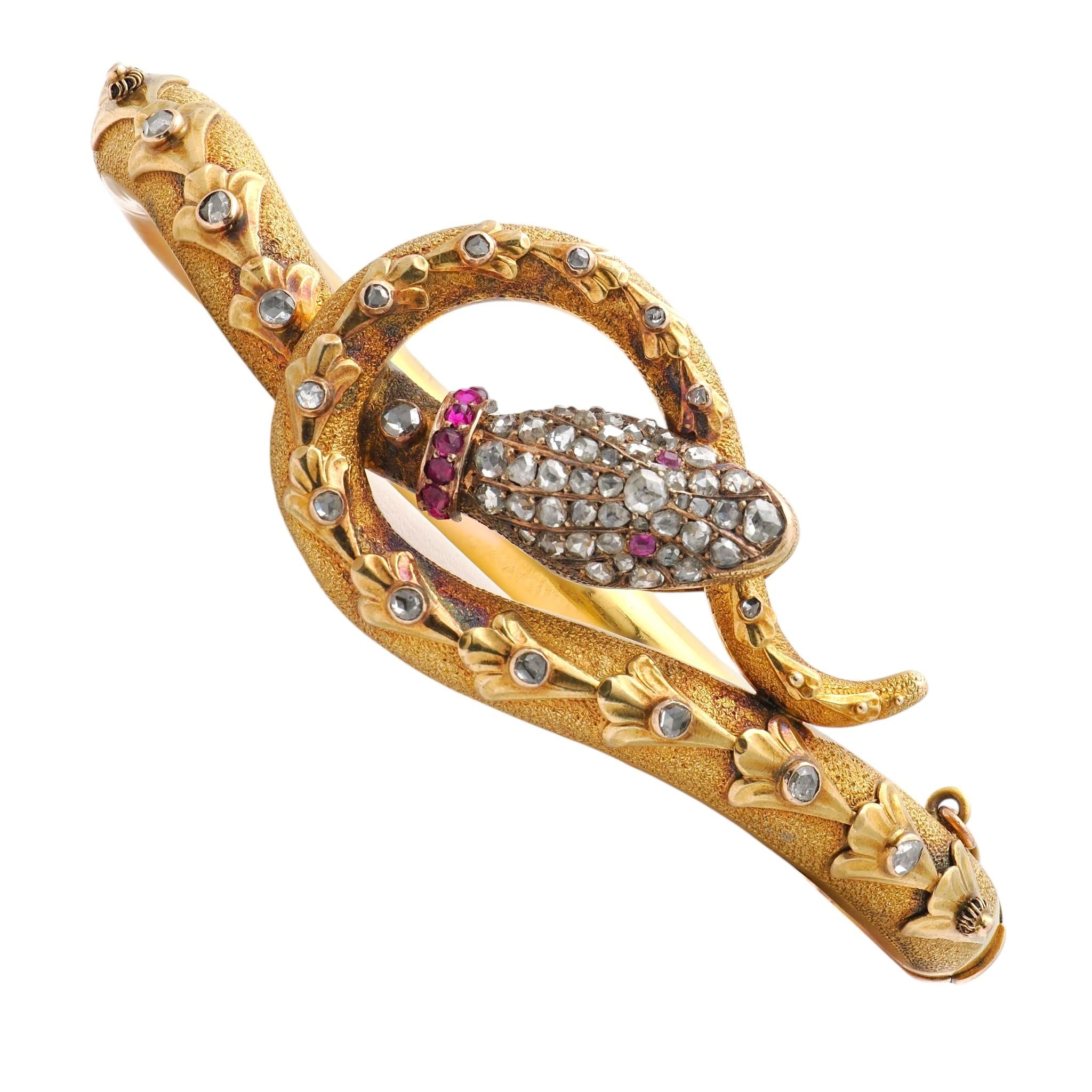 Victorian 2.53 CTW Diamond Ruby 14K Yellow Gold Antique Snake Bangle Bracelet