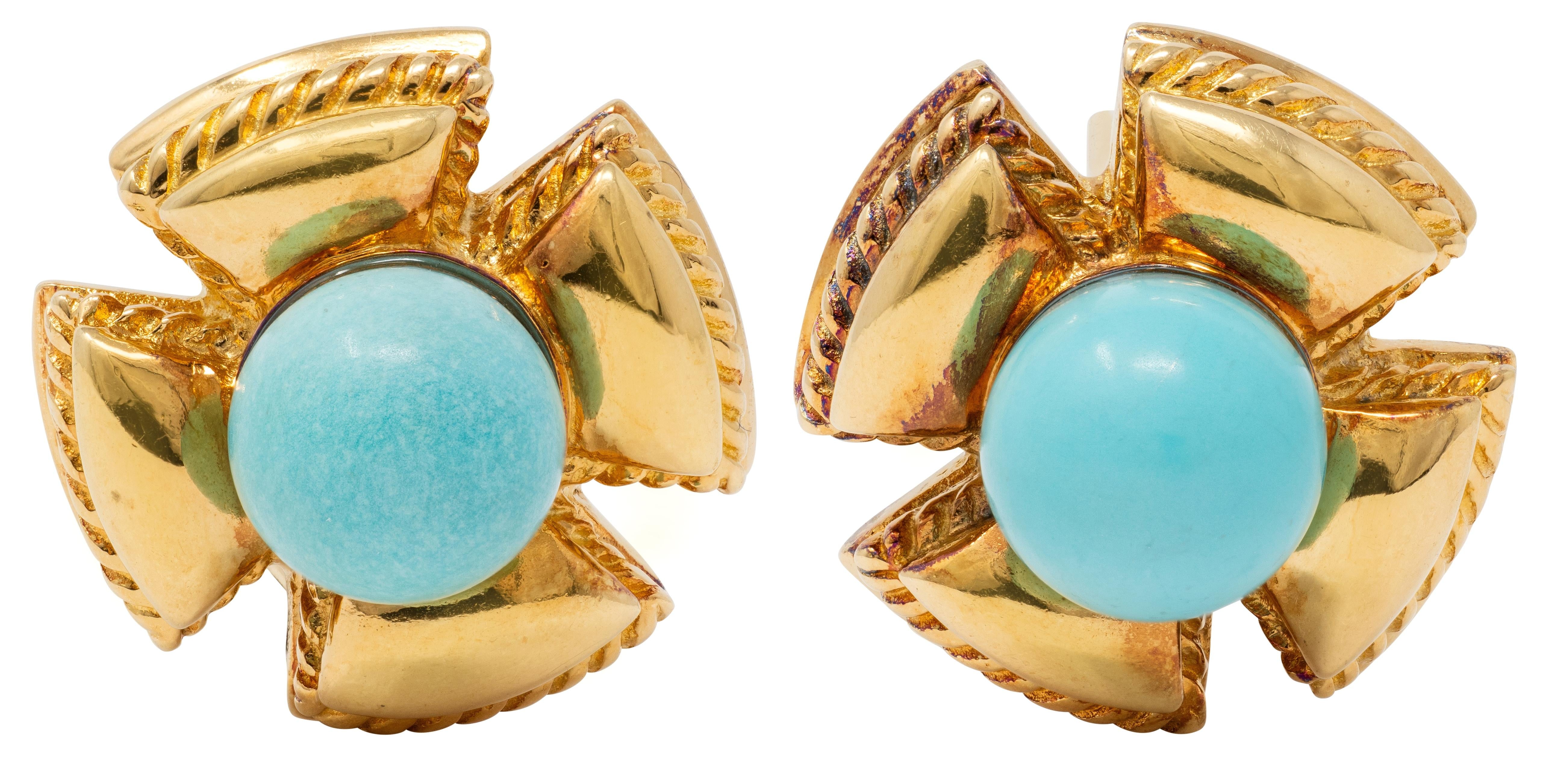 Tiffany & Co. Schlumberger 1960's Turquoise 18K Gold Vintage Quatrefoil Earrings
