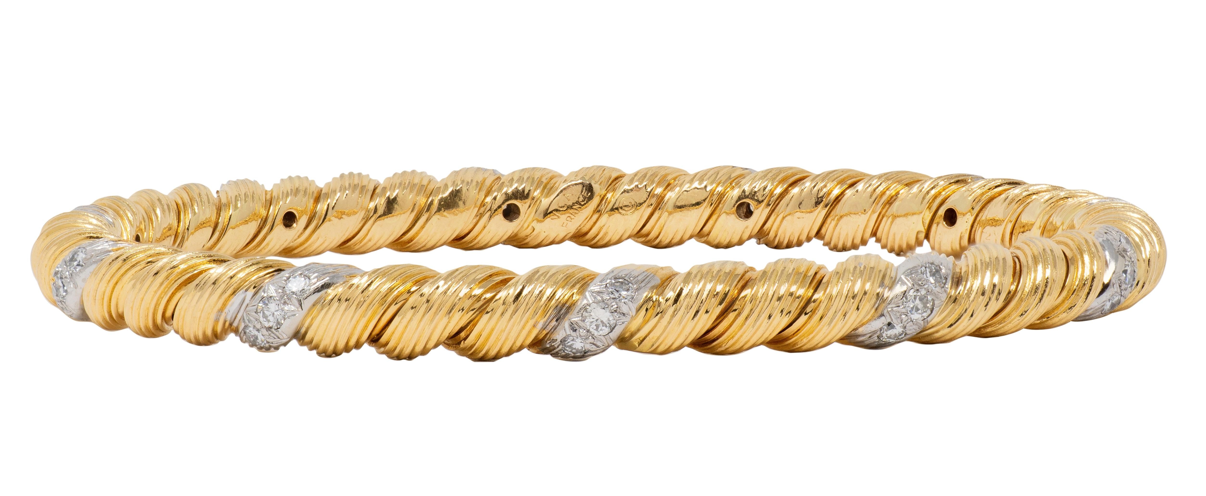 Van Cleef & Arpels Diamond 18K Gold Platinum Vintage Twisted Bangle Bracelet