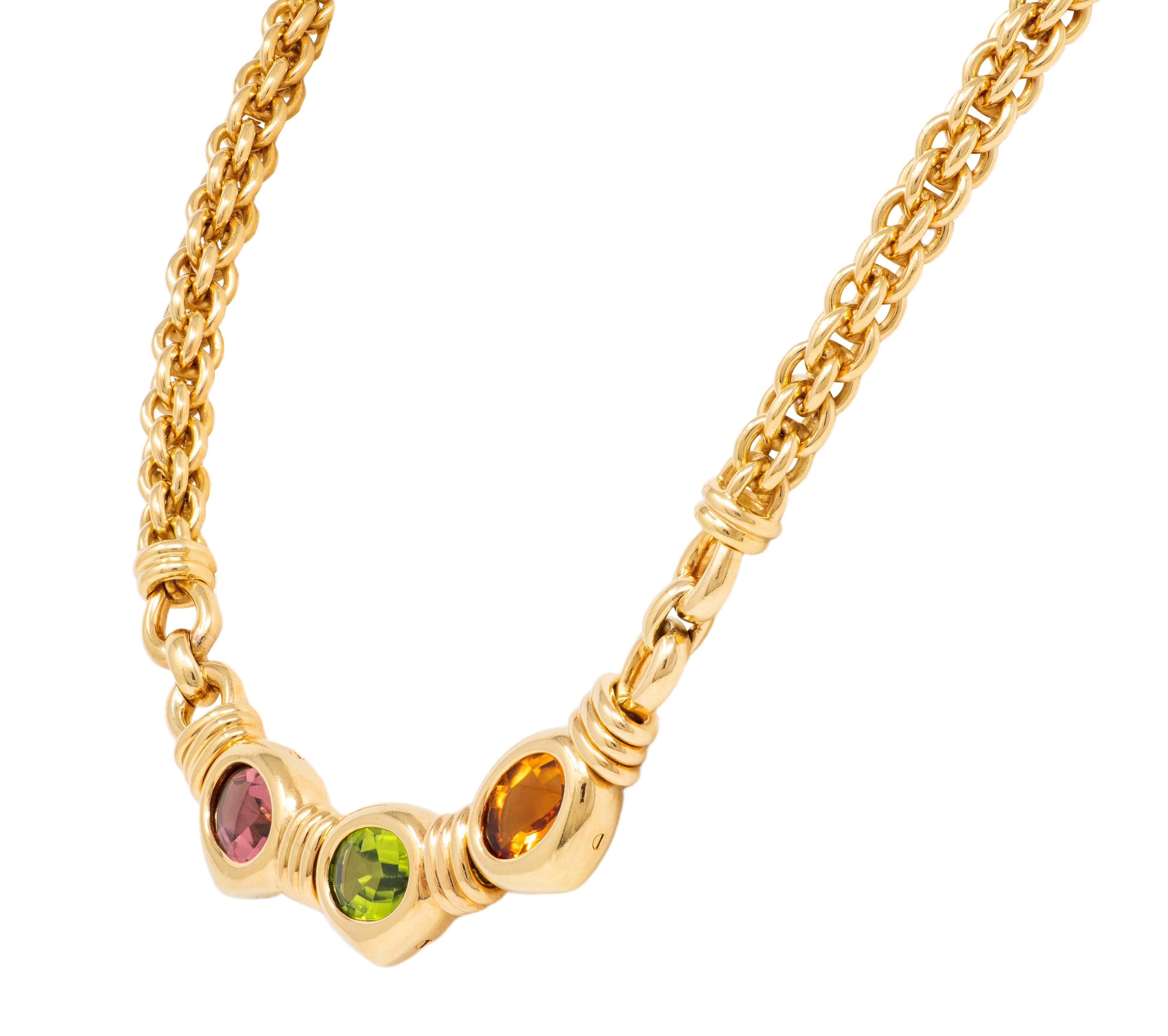Bulgari 1980's Multi-Gem 18K YG 18K Gold Vintage Three Stone Station Necklace