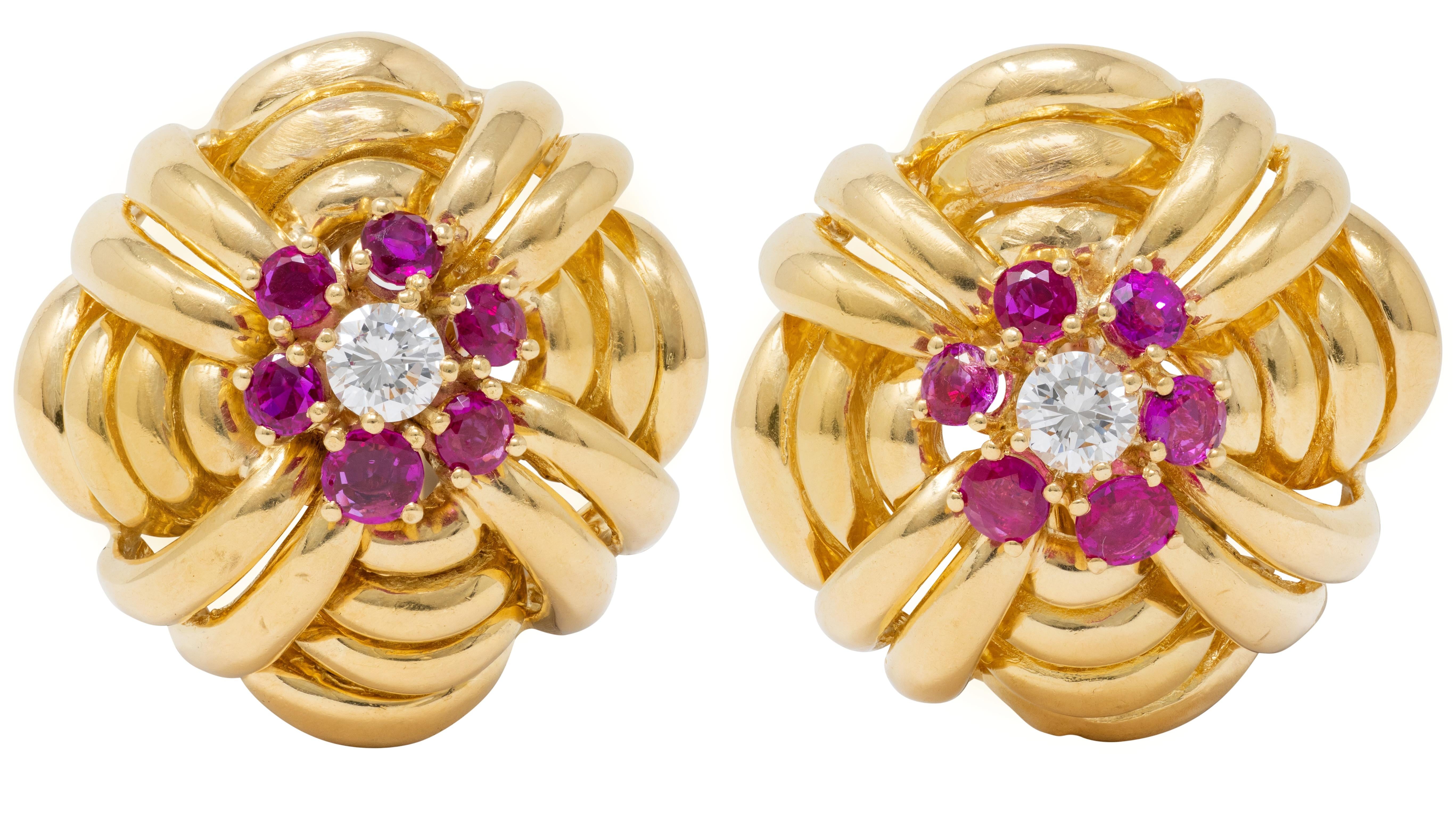 Tiffany & Co. 1960's Diamond Ruby 18K Yellow Gold Vintage Woven Knot Earrings