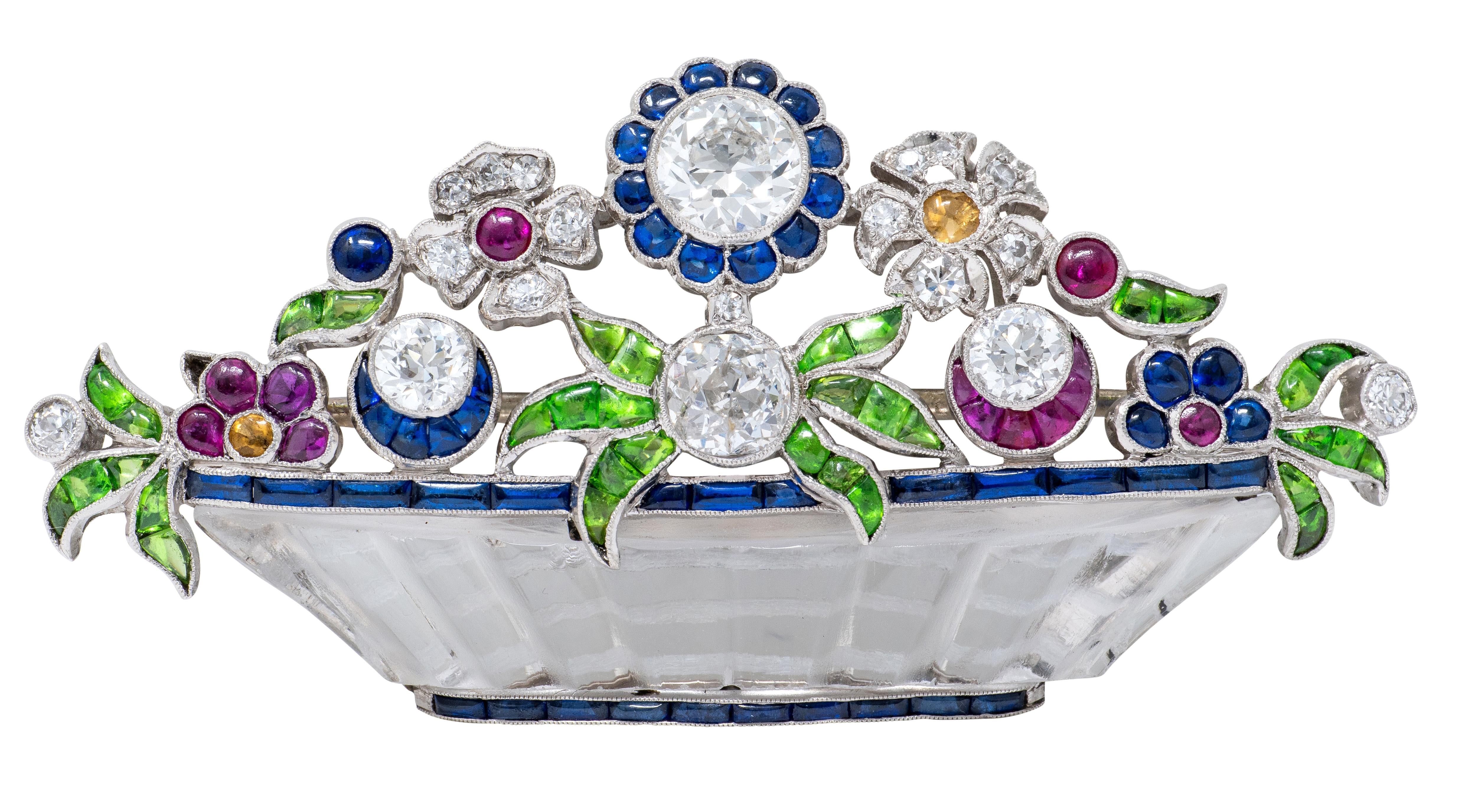 Art Deco Diamond Multi-Gem Platinum Vintage Giardinetto Flower Brooch