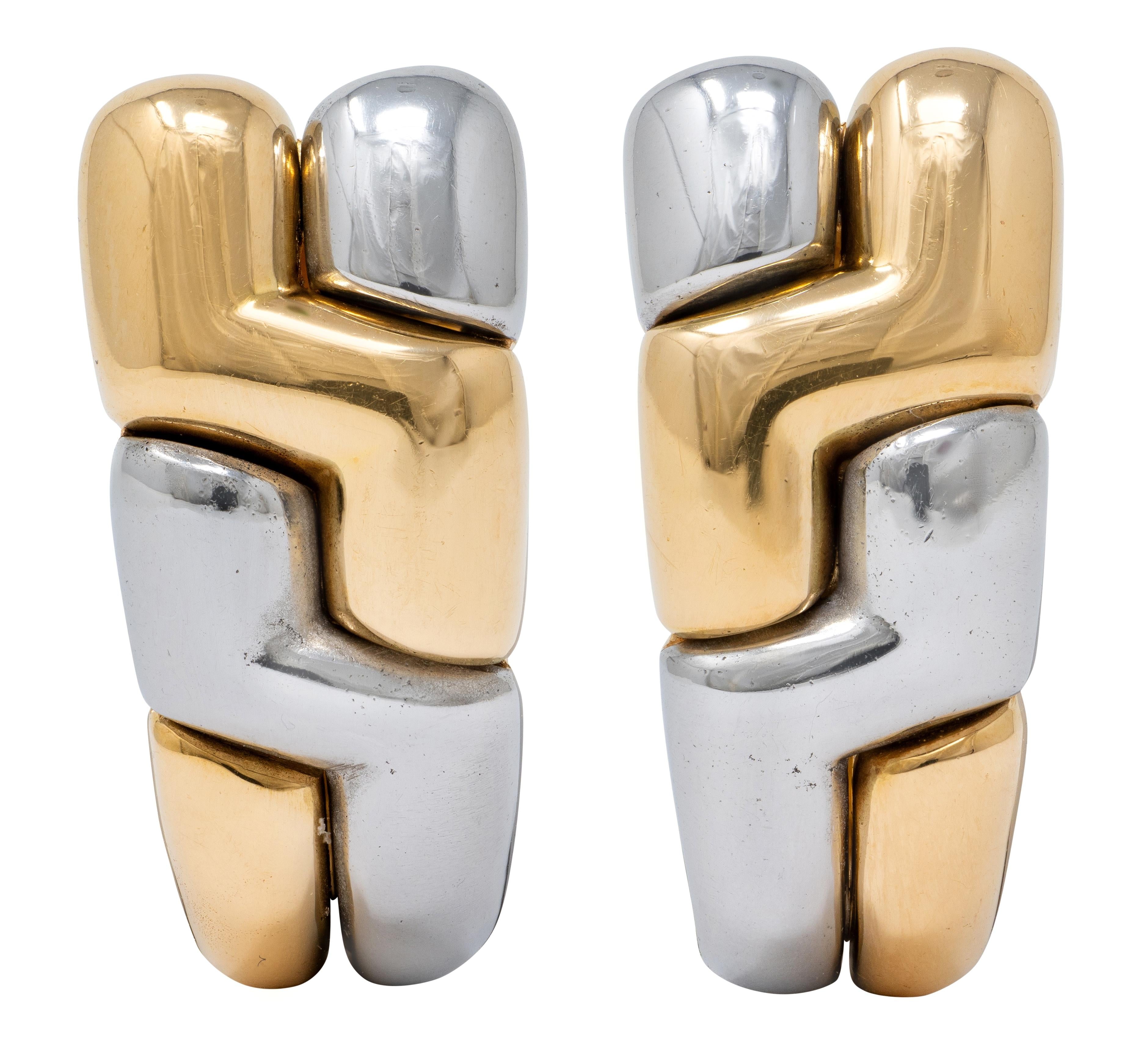 Bulgari 1990's 18 Karat Gold Stainless Steel Vintage J-Hoop Ear-Clip Earrings