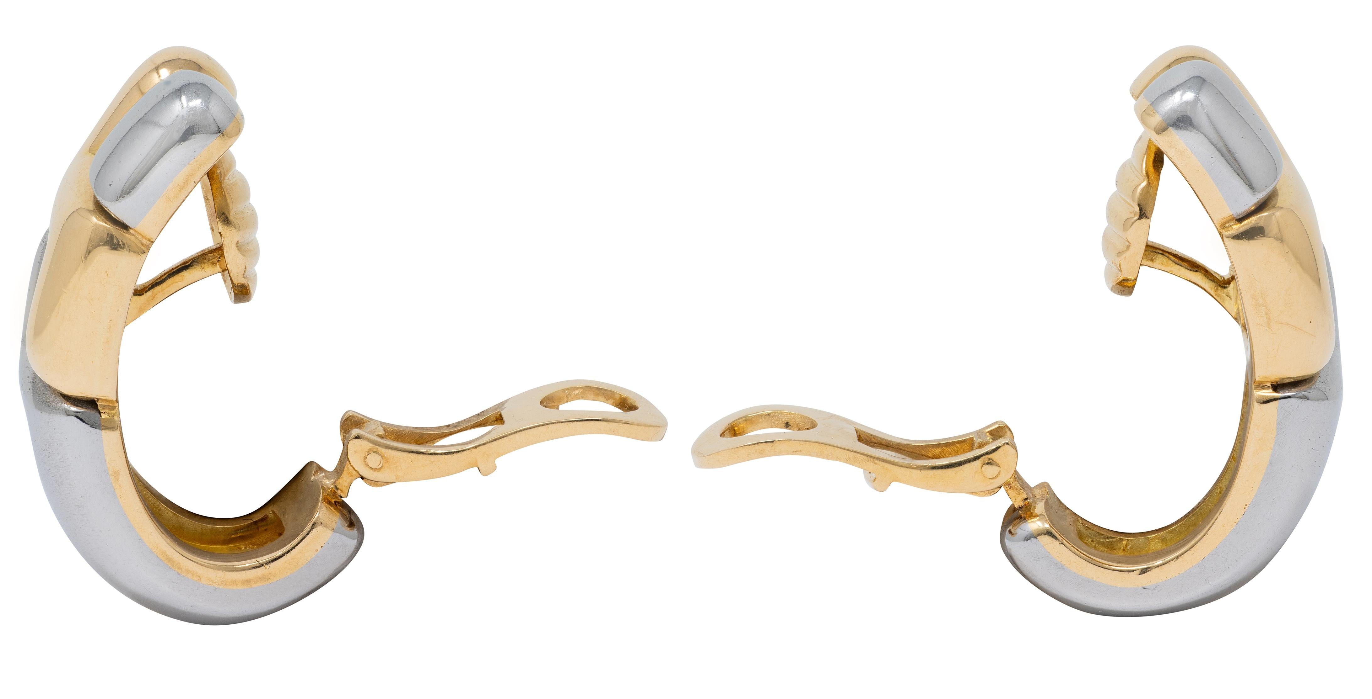 Bulgari 1990's 18 Karat Gold Stainless Steel Vintage J-Hoop Ear-Clip Earrings