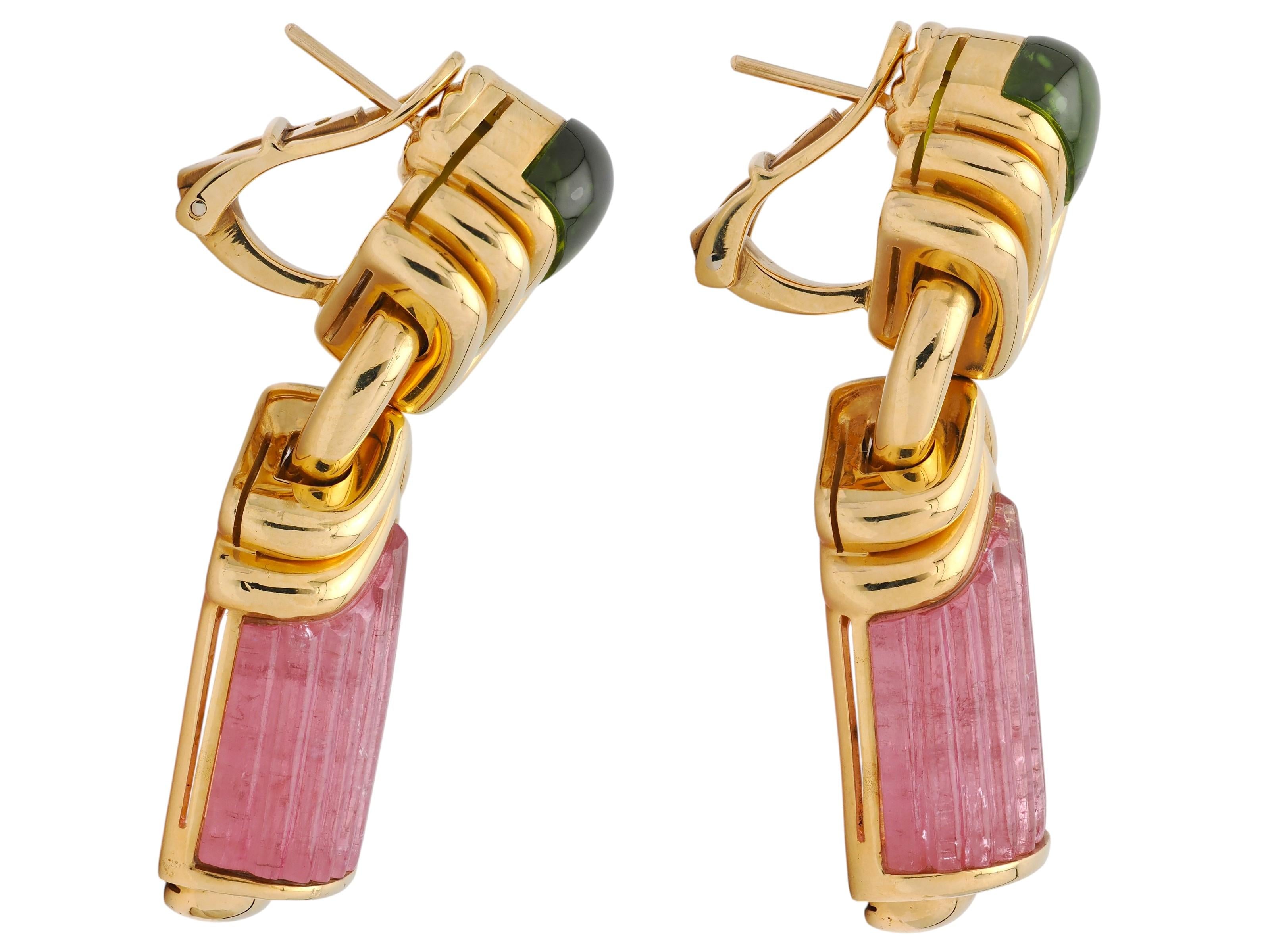 Bulgari 1990's Tourmaline 18K Yellow Gold Vintage Chevron Gemstone Drop Earrings