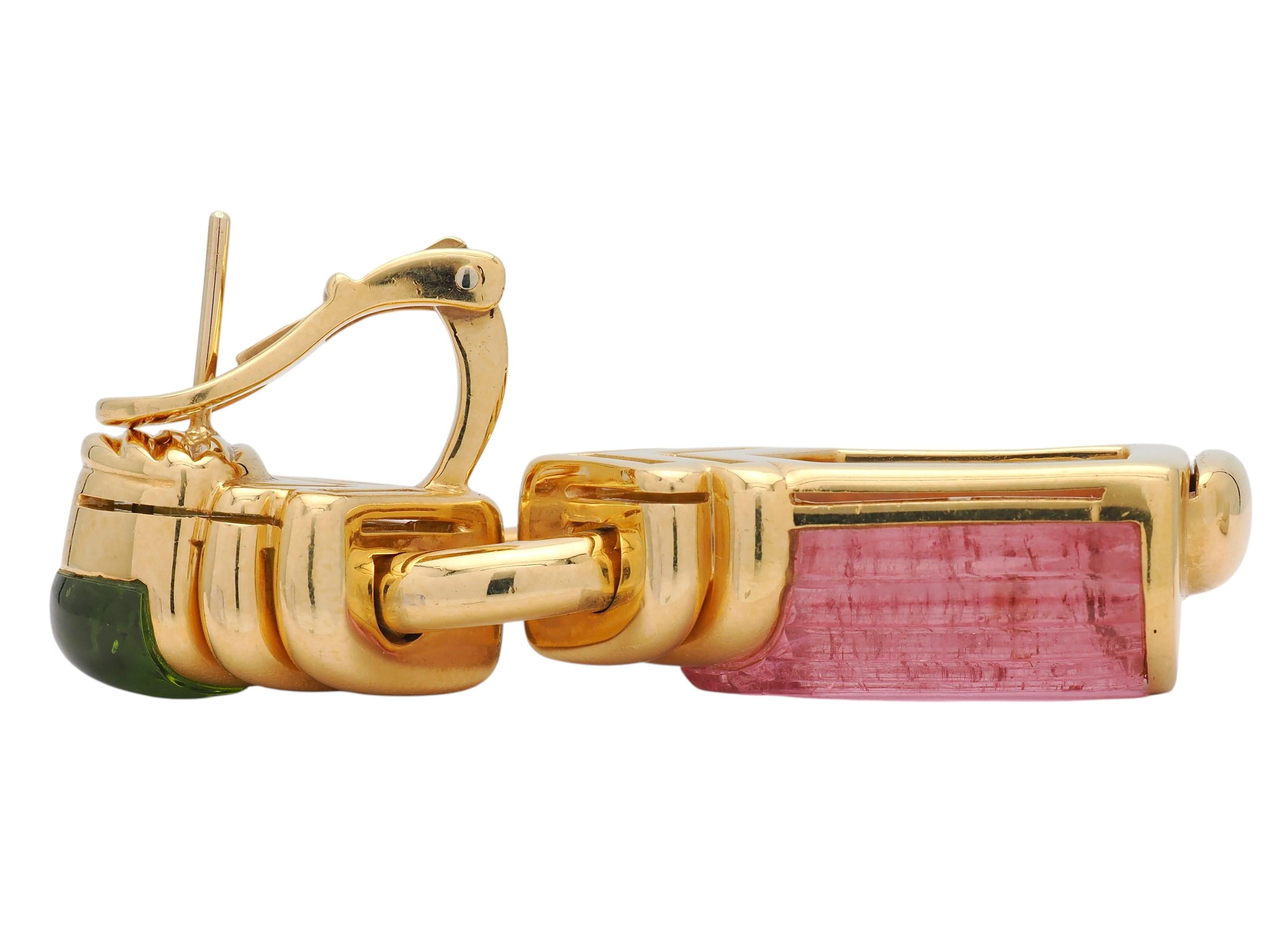 Bulgari 1990's Tourmaline 18K Yellow Gold Vintage Chevron Gemstone Drop Earrings