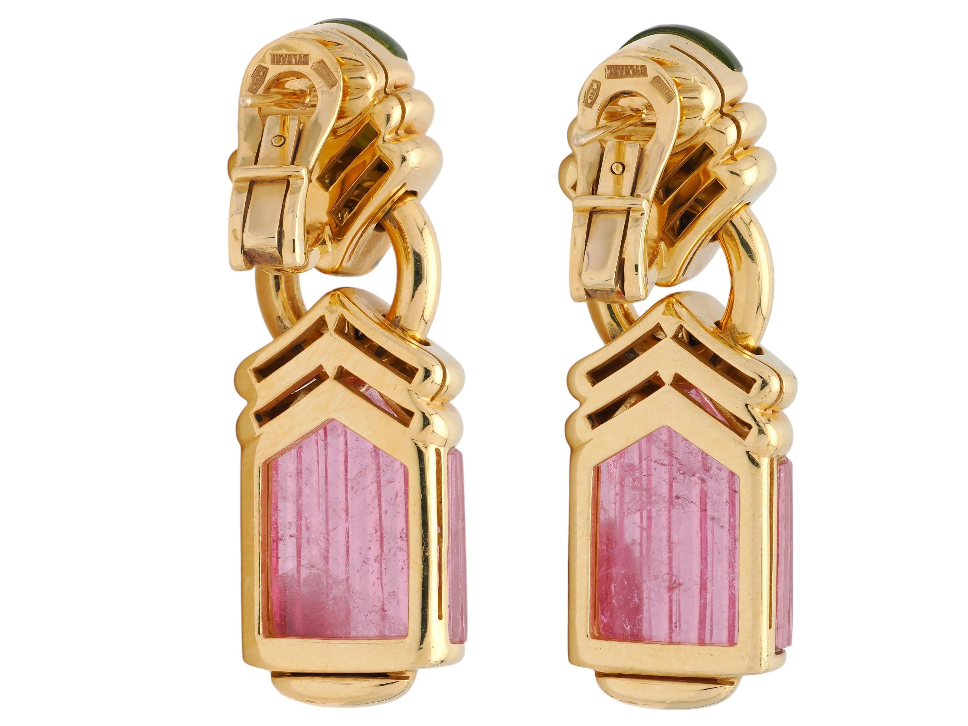 Bulgari 1990's Tourmaline 18K Yellow Gold Vintage Chevron Gemstone Drop Earrings