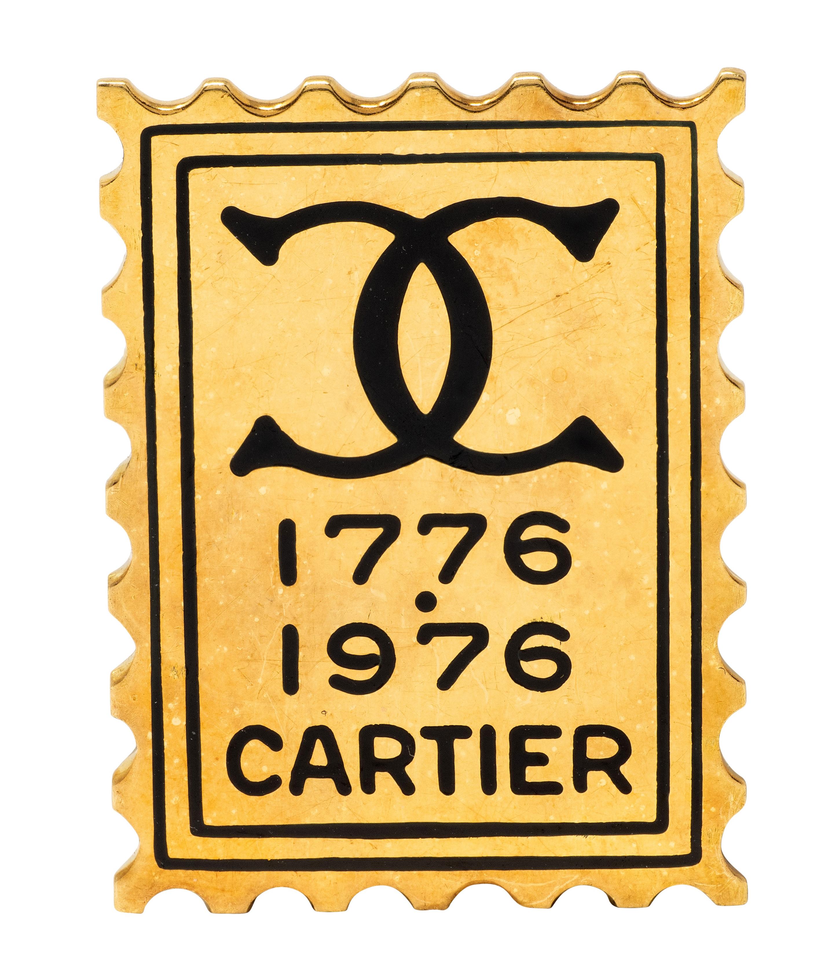 Cartier 1976 Enamel 18K Gold Vintage USA Bicentennial Postage Stamp Pendant