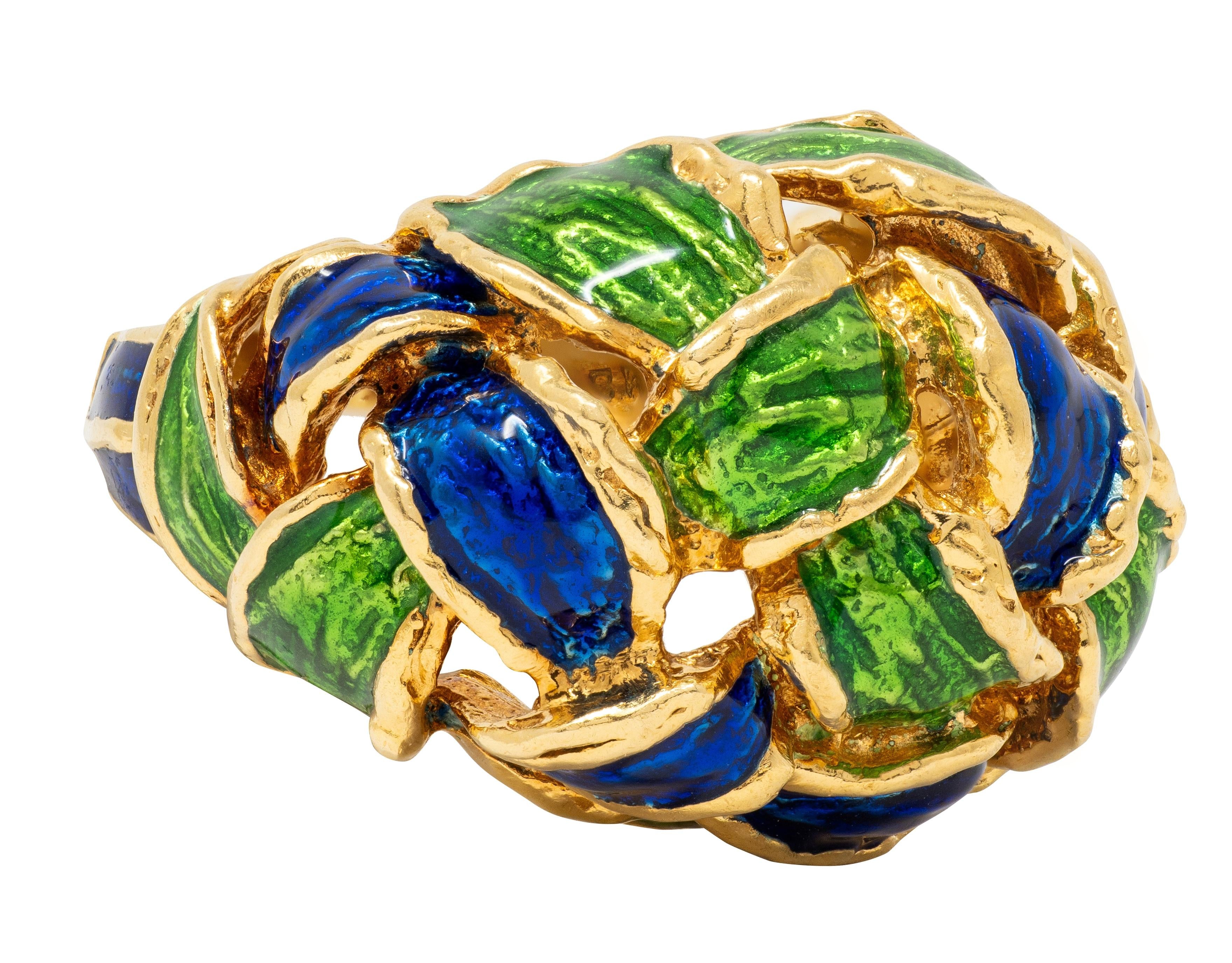 Tiffany & Co. 1980's Enamel 18 Karat Yellow Gold Vintage Basket Weave Ring