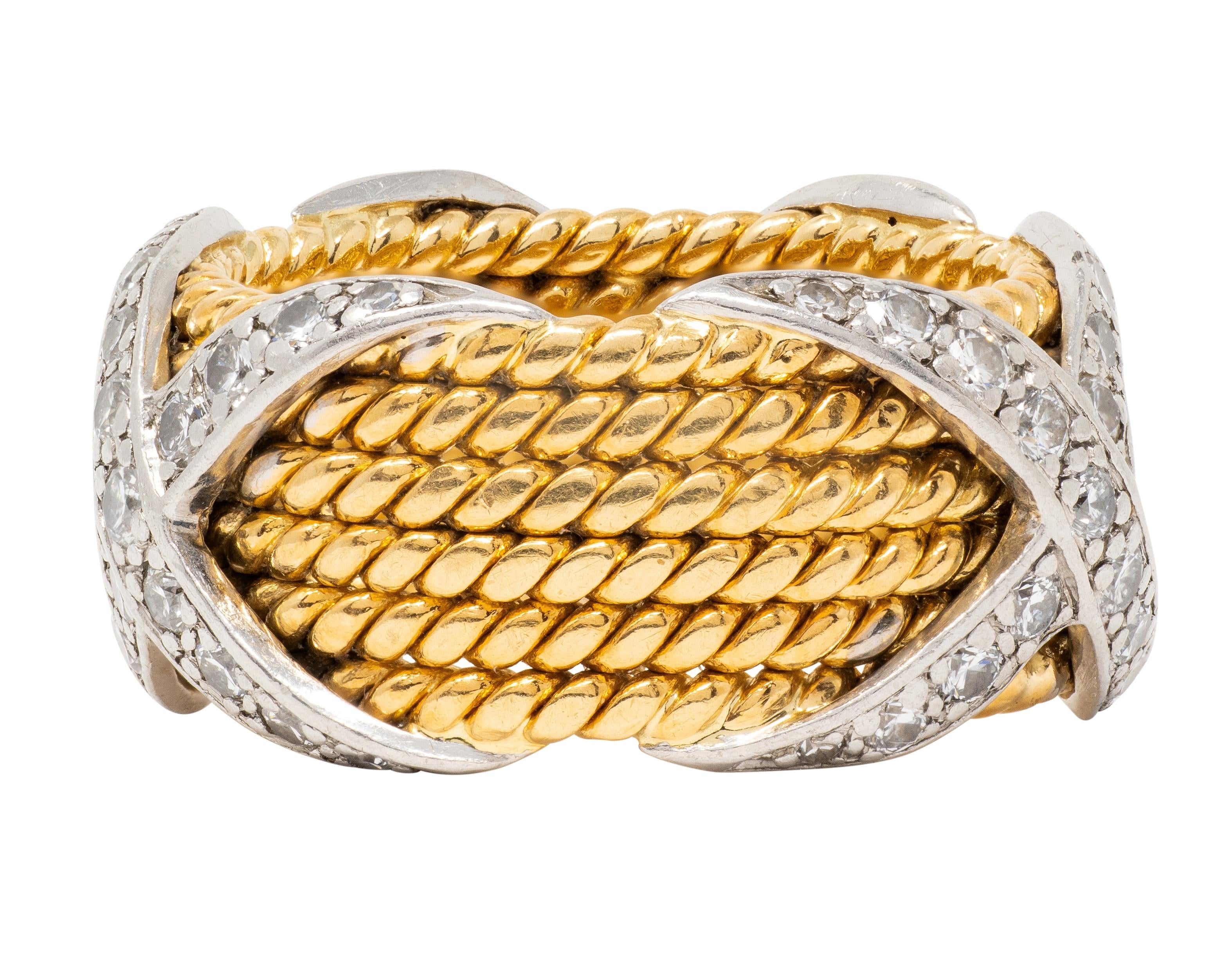 Tiffany & Co. Jean Schlumberger Diamond 18K Gold Platinum Vintage X Band Ring