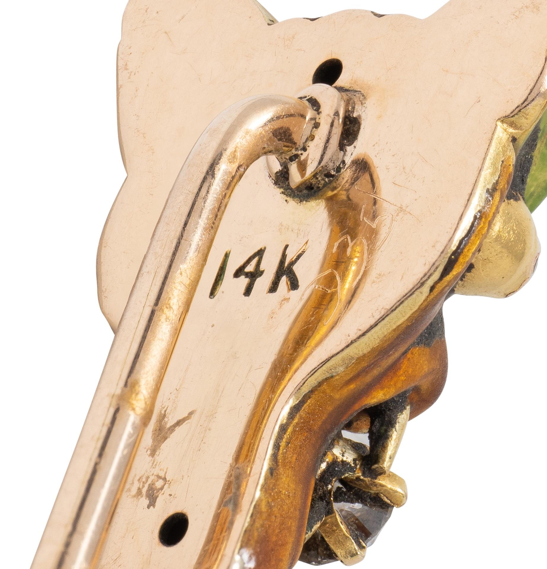 Victorian Diamond Enamel 14 Karat Yellow Gold Antique Cat Mask Stickpin