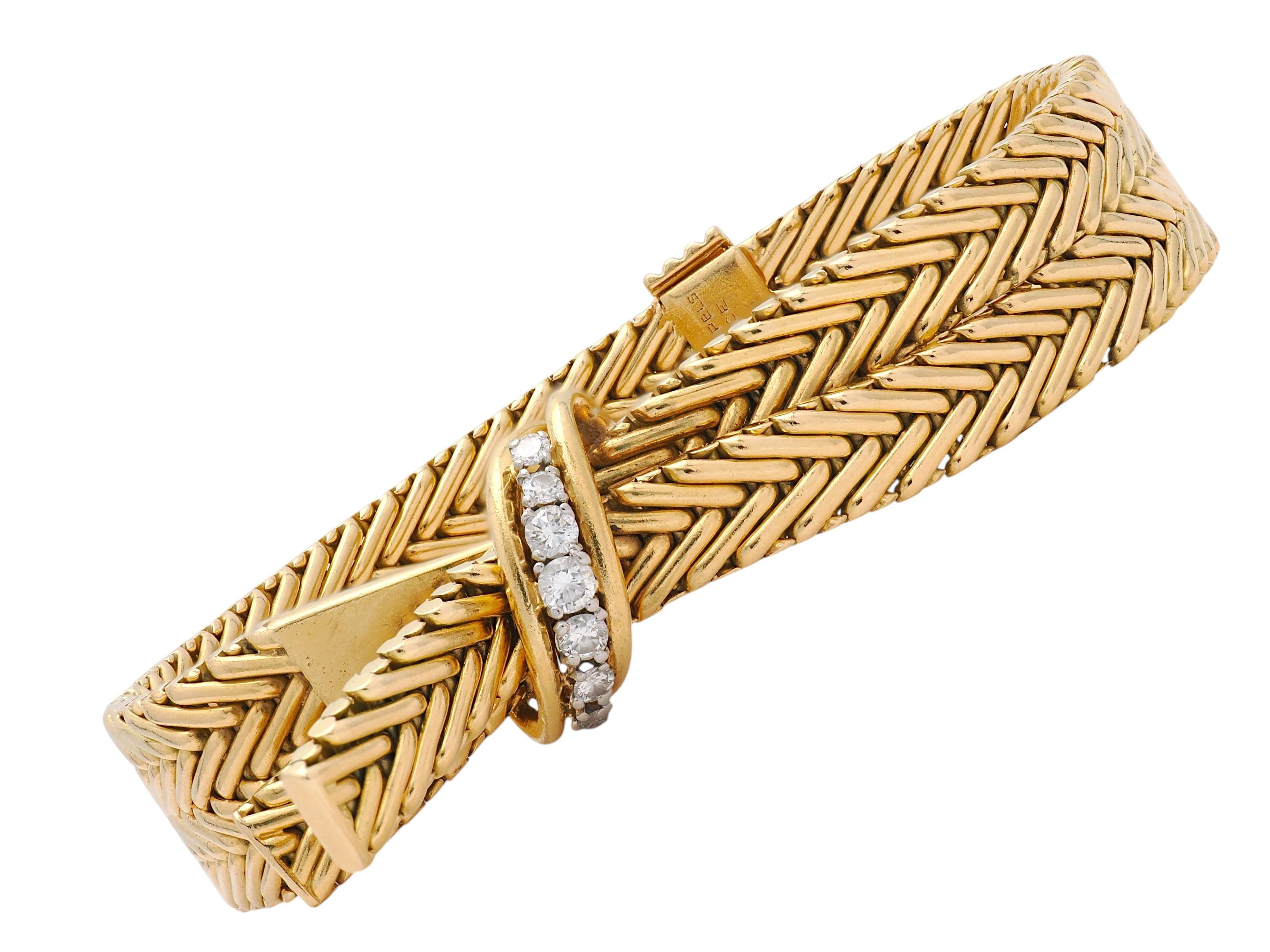 Van Cleef & Arpels French 1950s Diamond 18K Gold Platinum Vintage Woven Bracelet