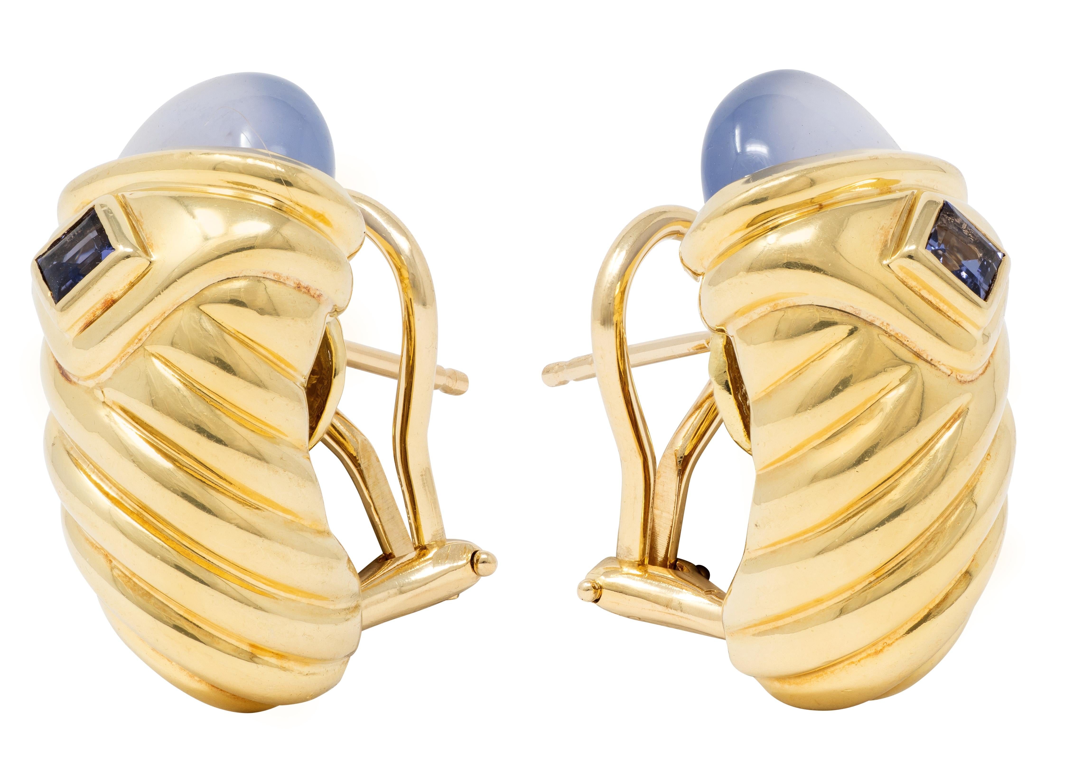David Yurman 1990 Iolite Chalcedony 18K Gold Vintage Renaissance J-Hoop Earrings
