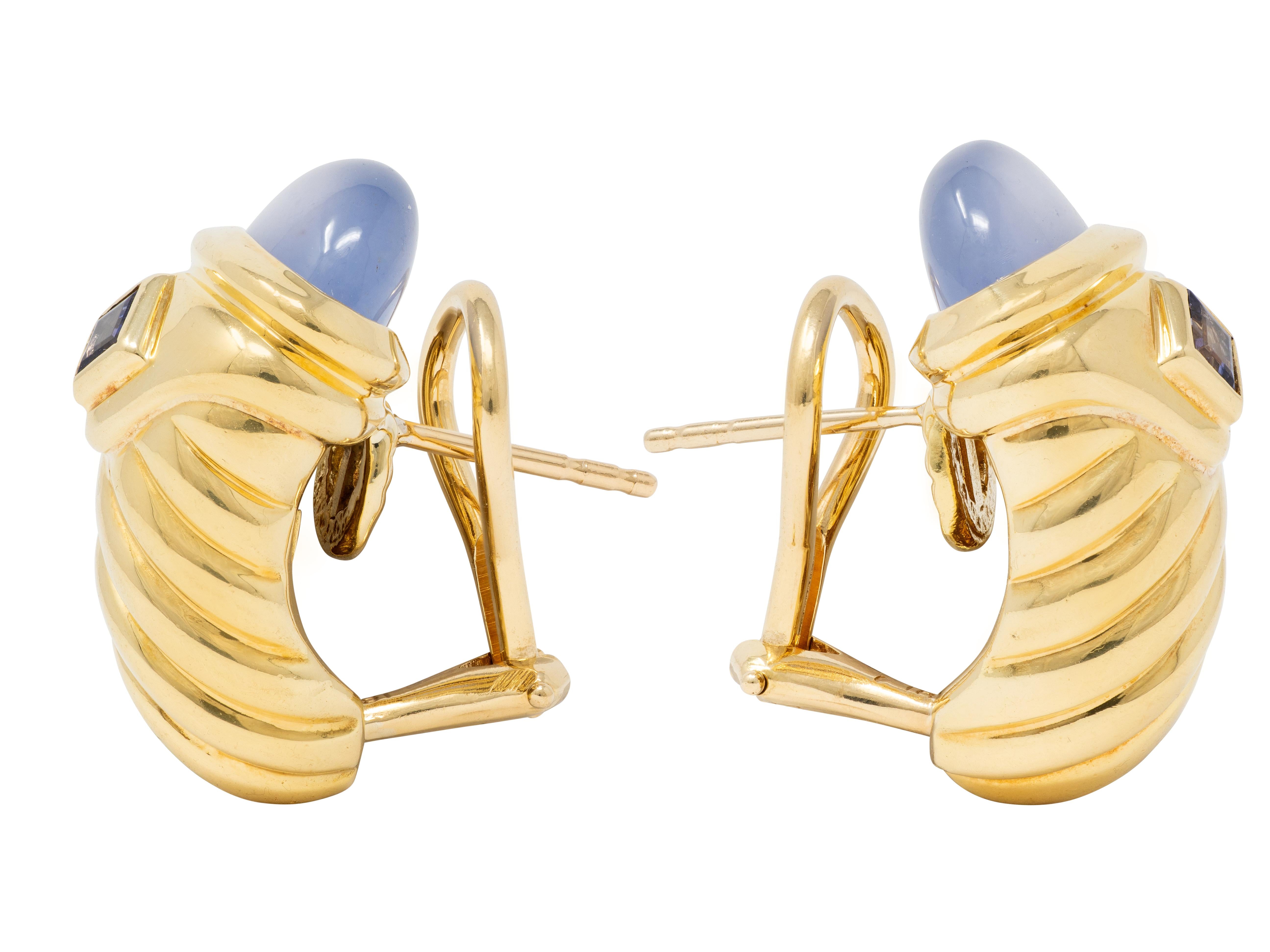 David Yurman 1990 Iolite Chalcedony 18K Gold Vintage Renaissance J-Hoop Earrings