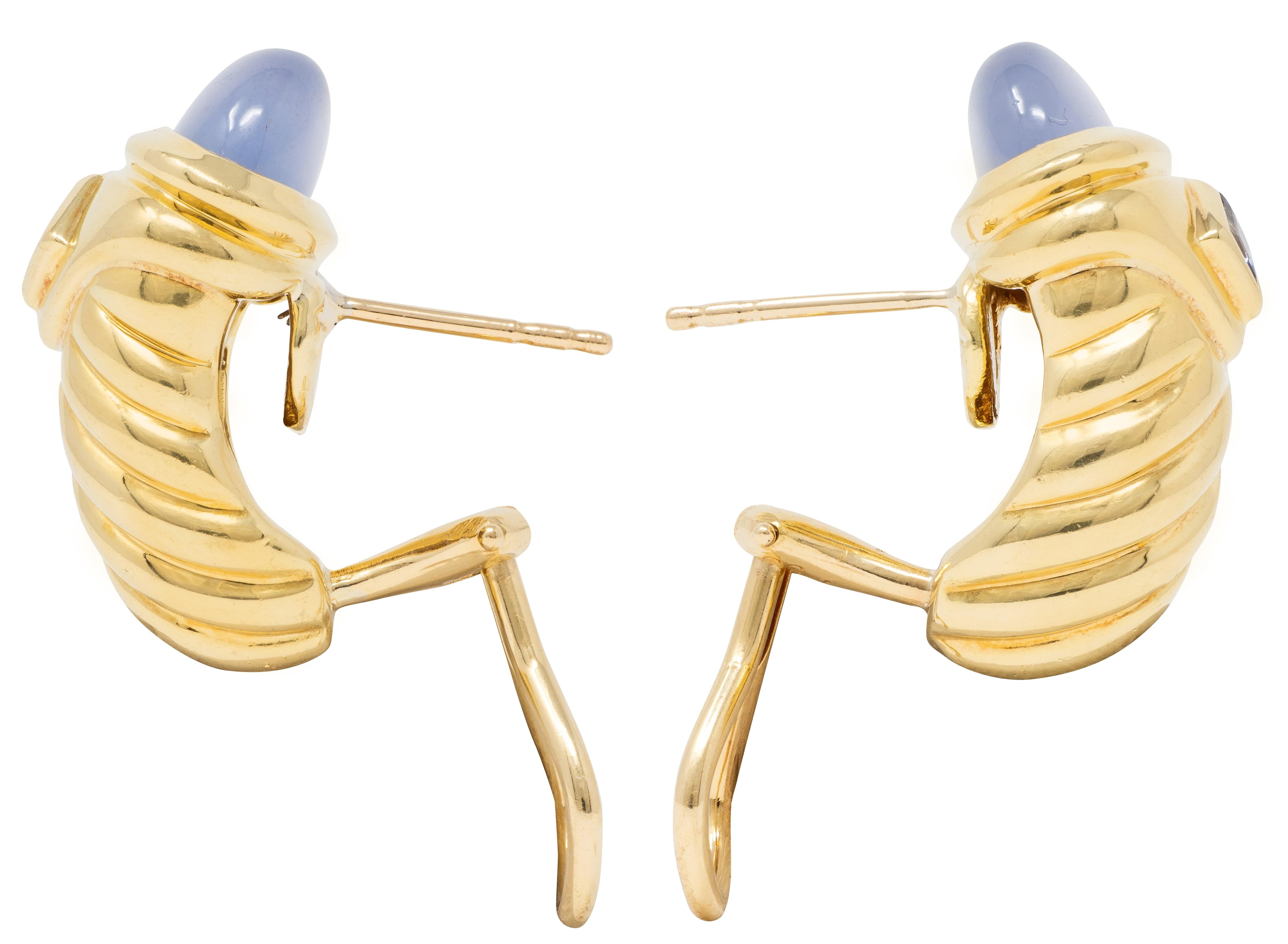 David Yurman 1990 Iolite Chalcedony 18K Gold Vintage Renaissance J-Hoop Earrings