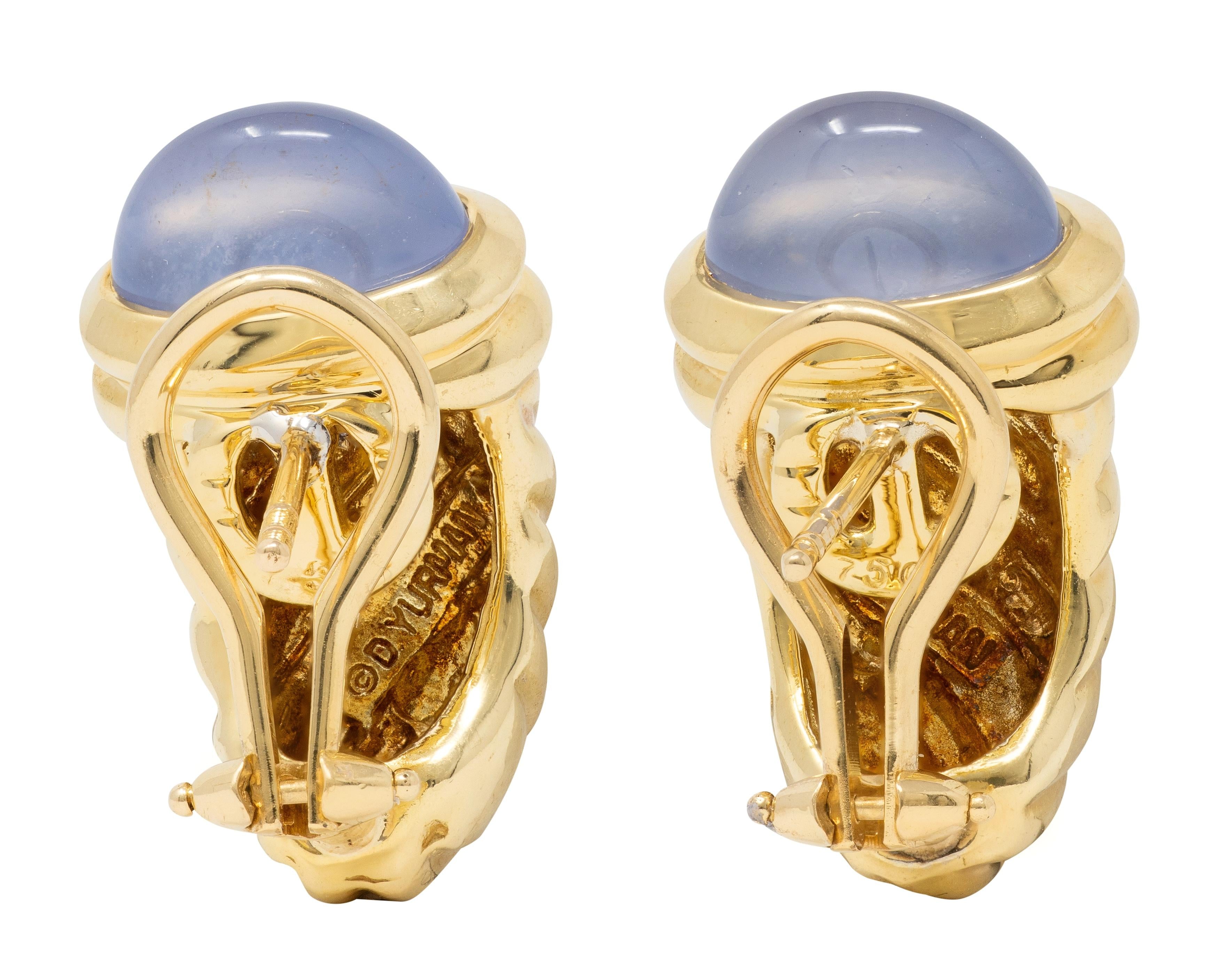 David Yurman 1990 Iolite Chalcedony 18K Gold Vintage Renaissance J-Hoop Earrings