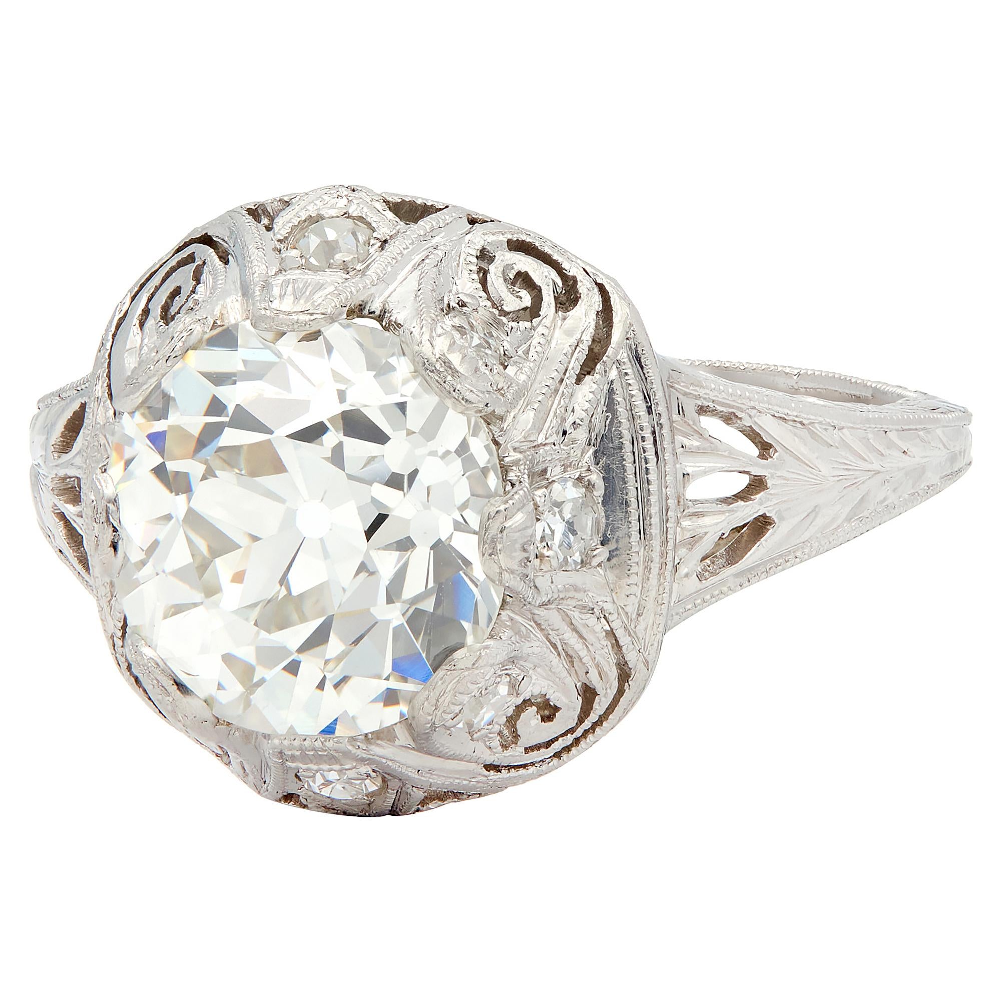 Edwardian 2.70 CTW Diamond Platinum Antique Scroll Engagement Ring GIA