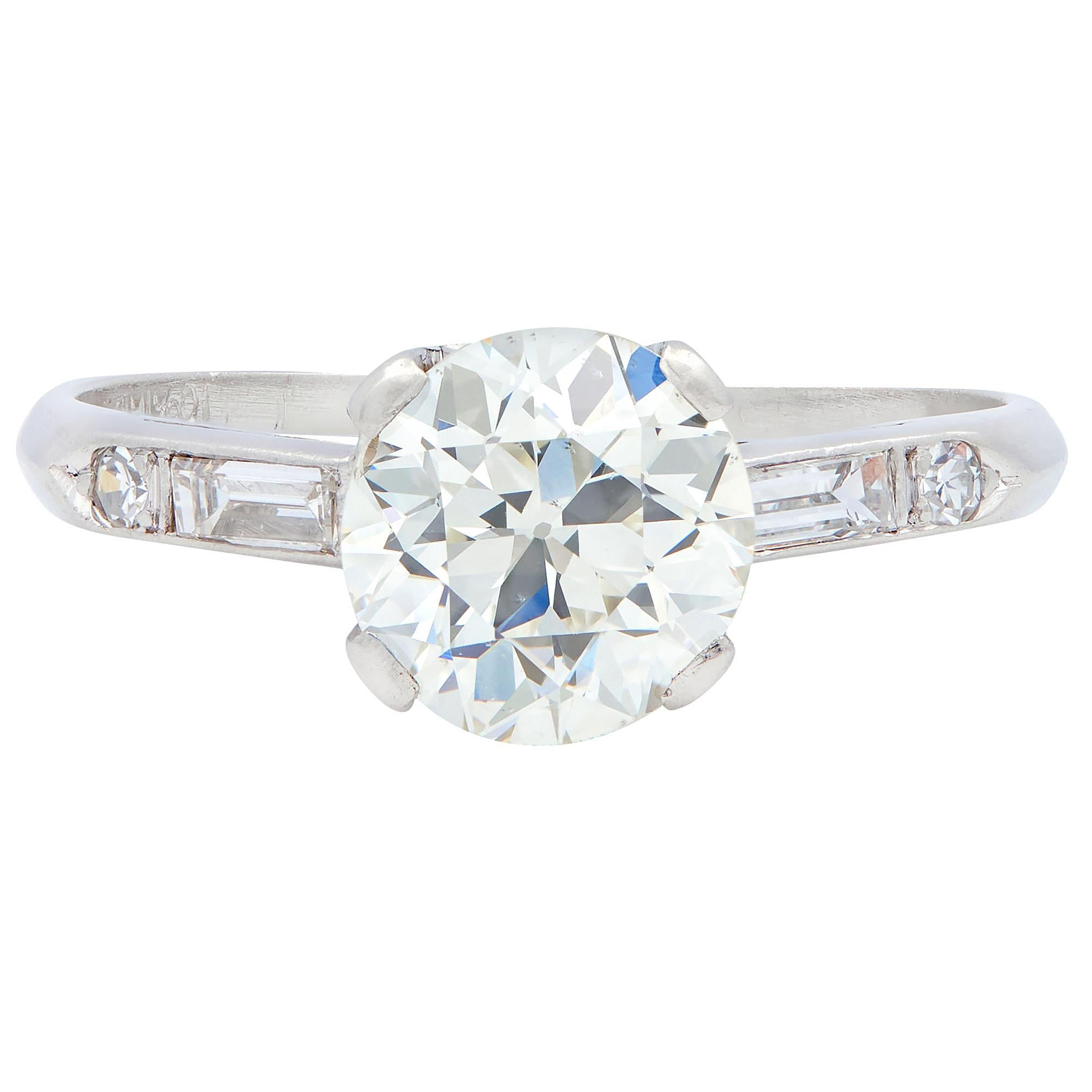 Mid-Century Old European Cut Diamond Platinum Vintage Scroll Engagement Ring GIA