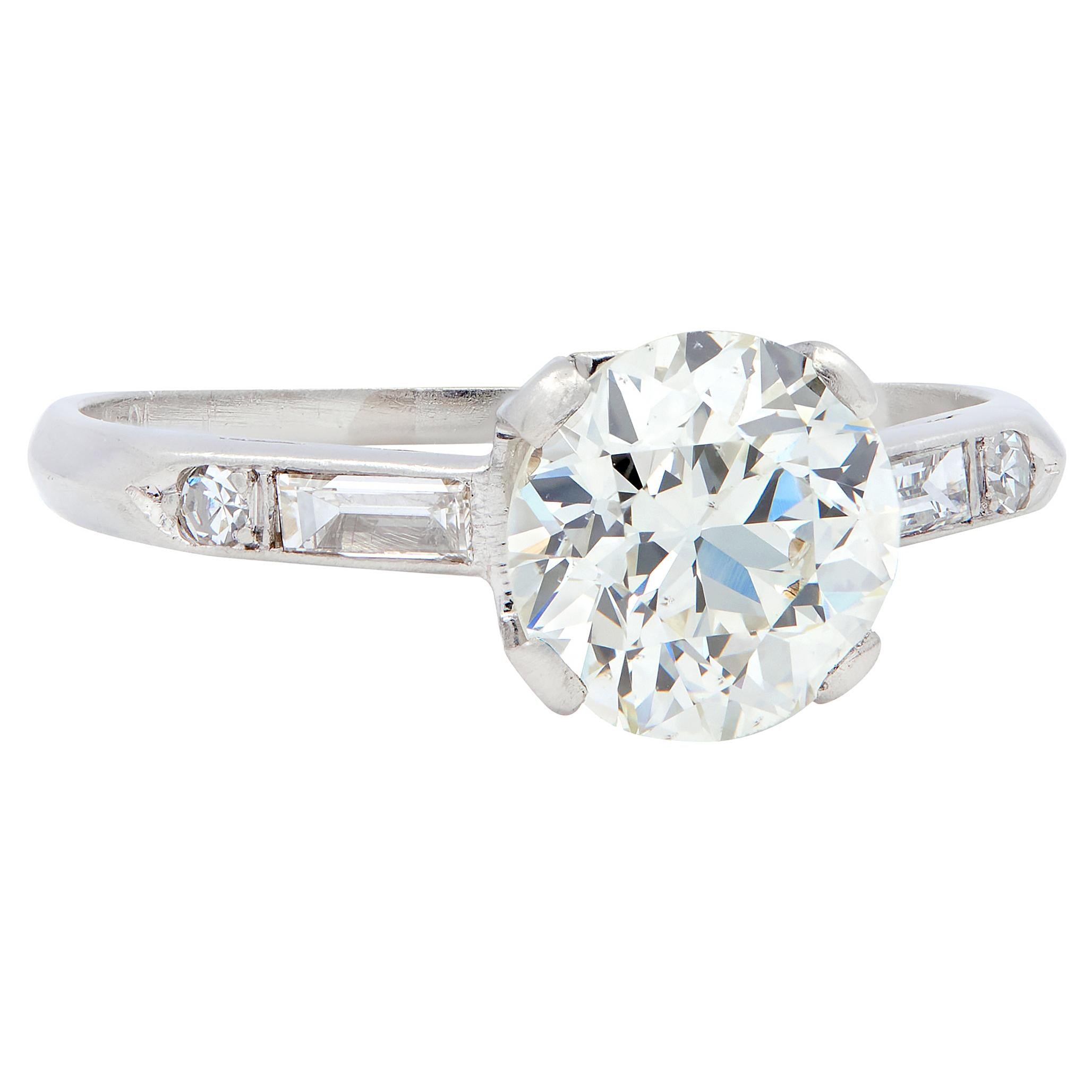 Mid-Century Old European Cut Diamond Platinum Vintage Scroll Engagement Ring GIA