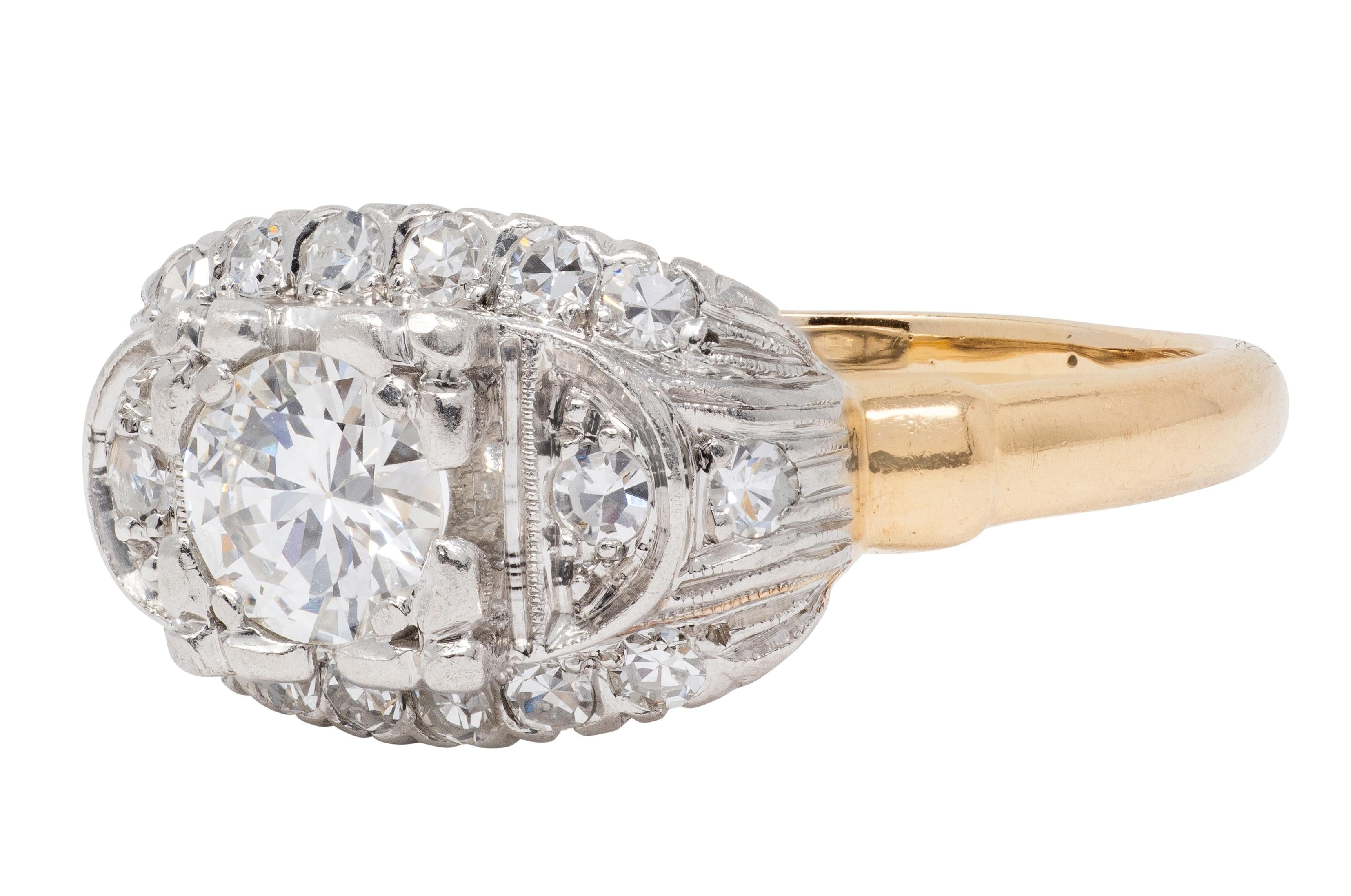 Retro European Diamond 18K Yellow Gold Platinum Vintage Fishtail Engagement Ring