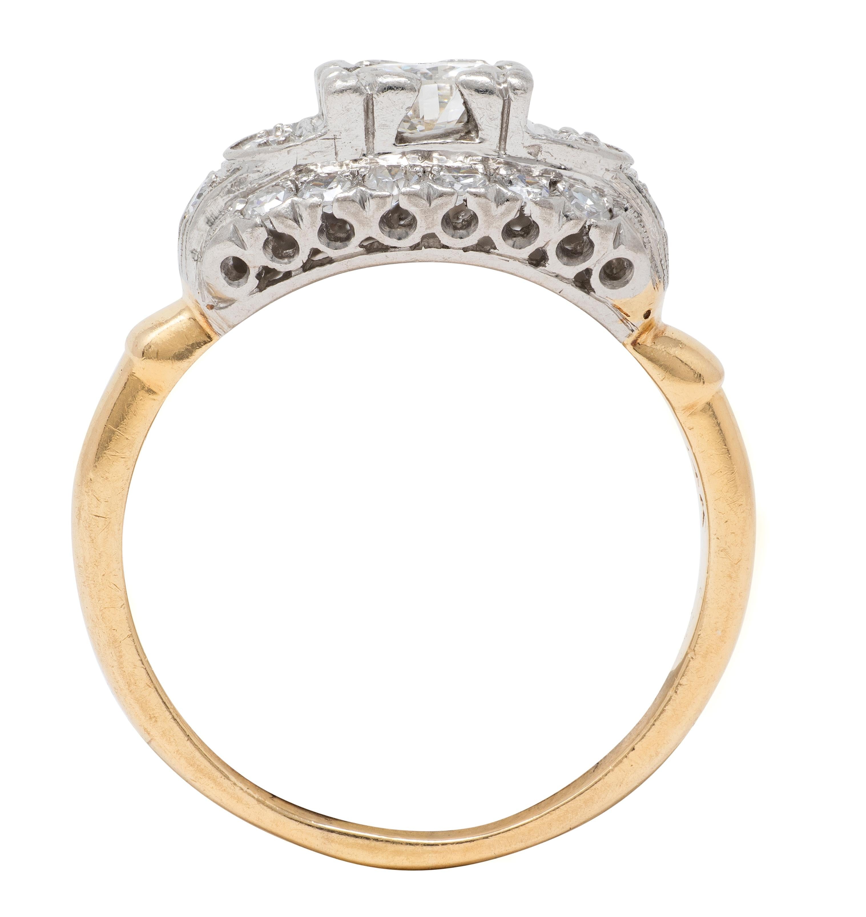 Retro European Diamond 18K Yellow Gold Platinum Vintage Fishtail Engagement Ring