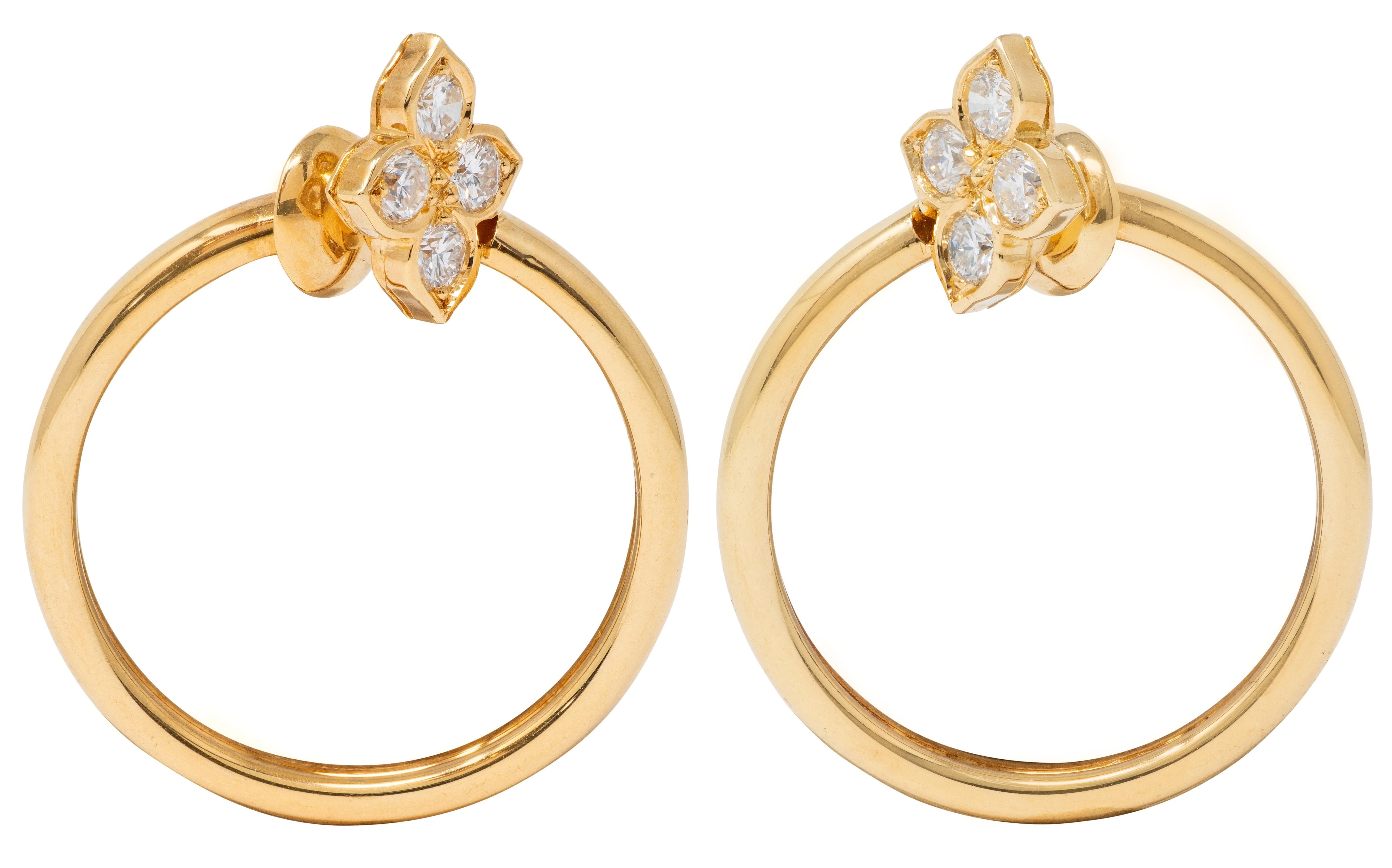 Cartier 2000's Diamond 18K Gold Vintage Hindu Floral Hoop Ear-Clip Earrings