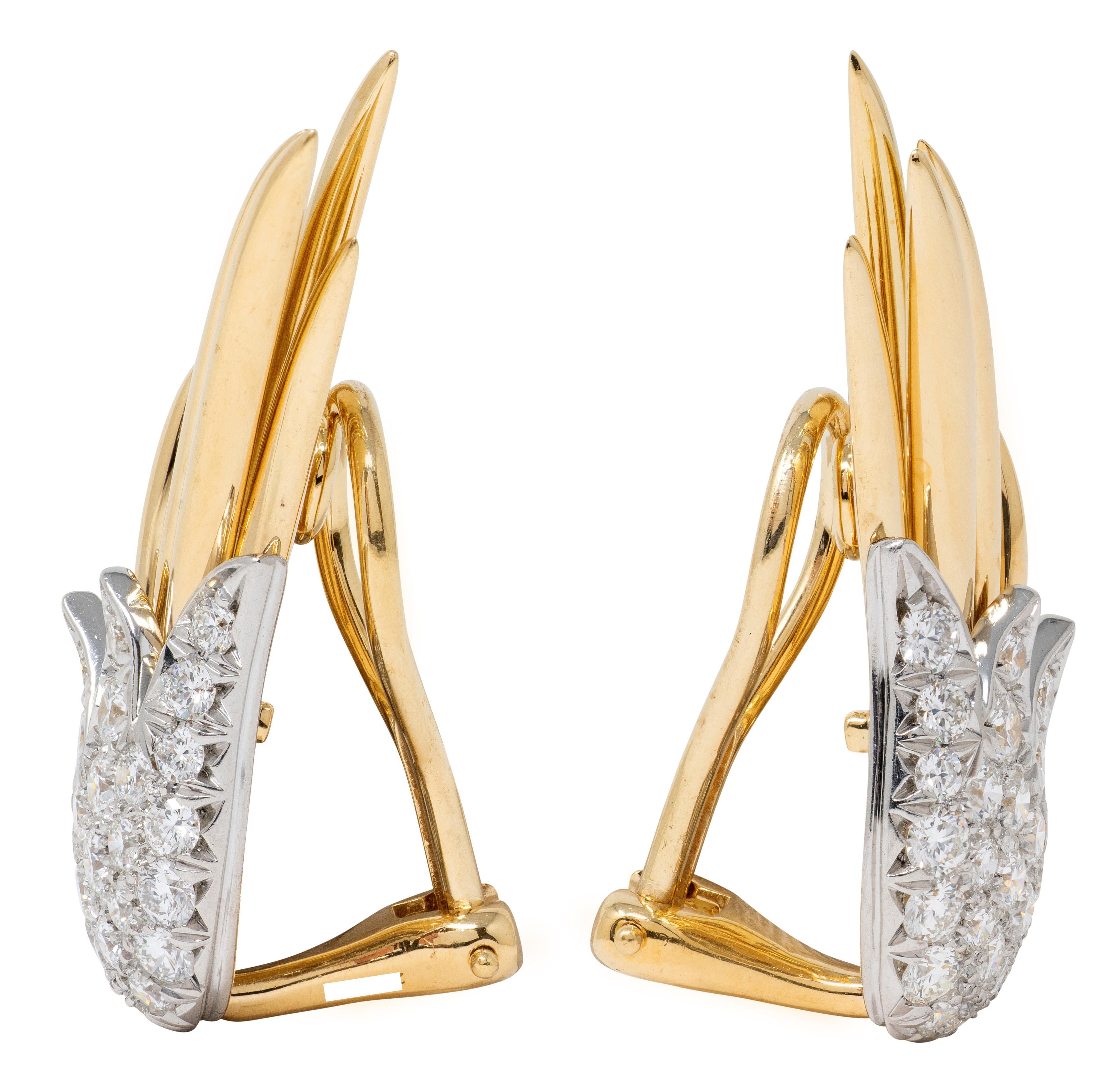 Tiffany & Co. Schlumberger Diamond 18K Platinum Vintage Flame Ear-Clip Earrings