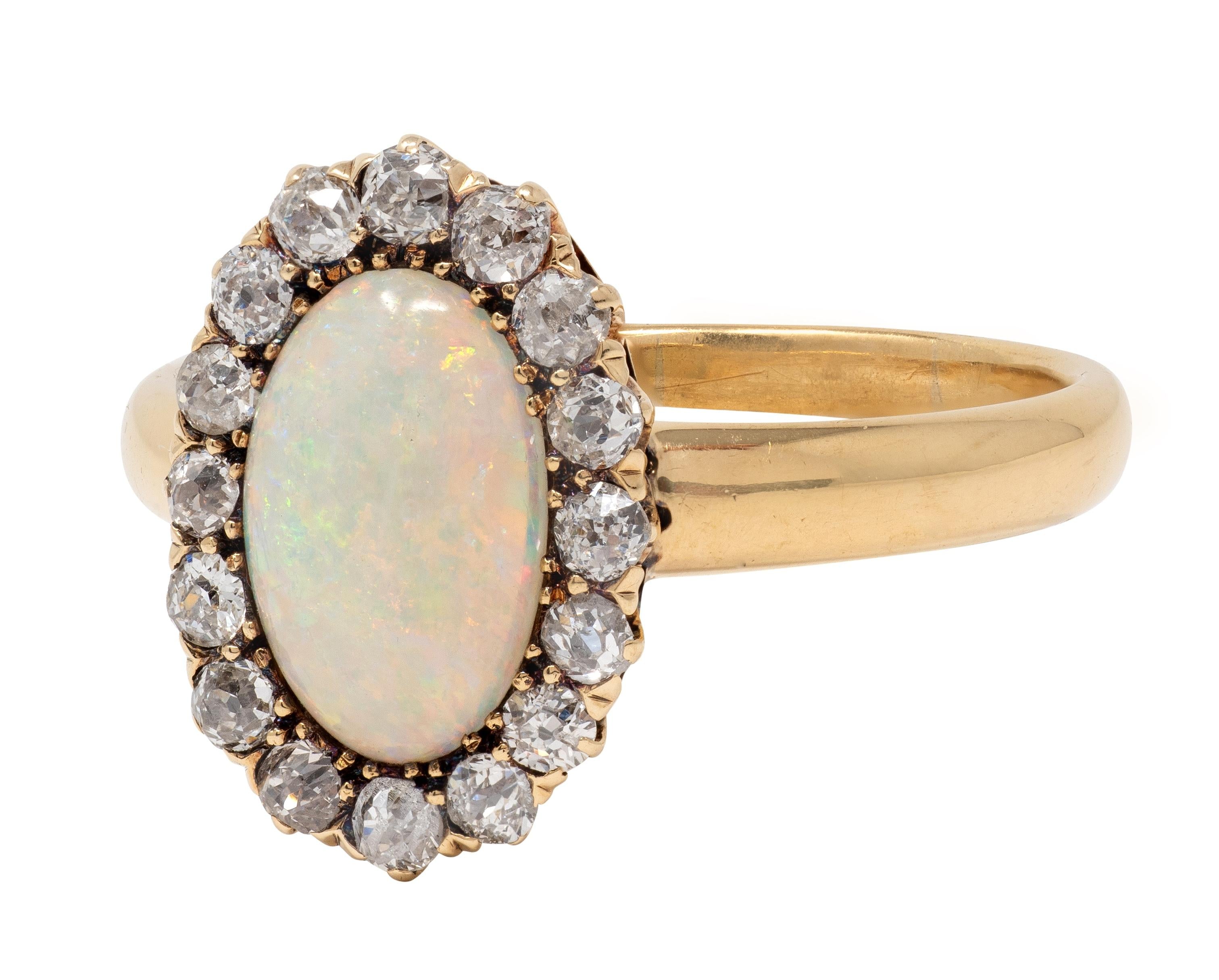 Victorian Diamond Opal 14 Karat Yellow Gold Antique Halo Ring