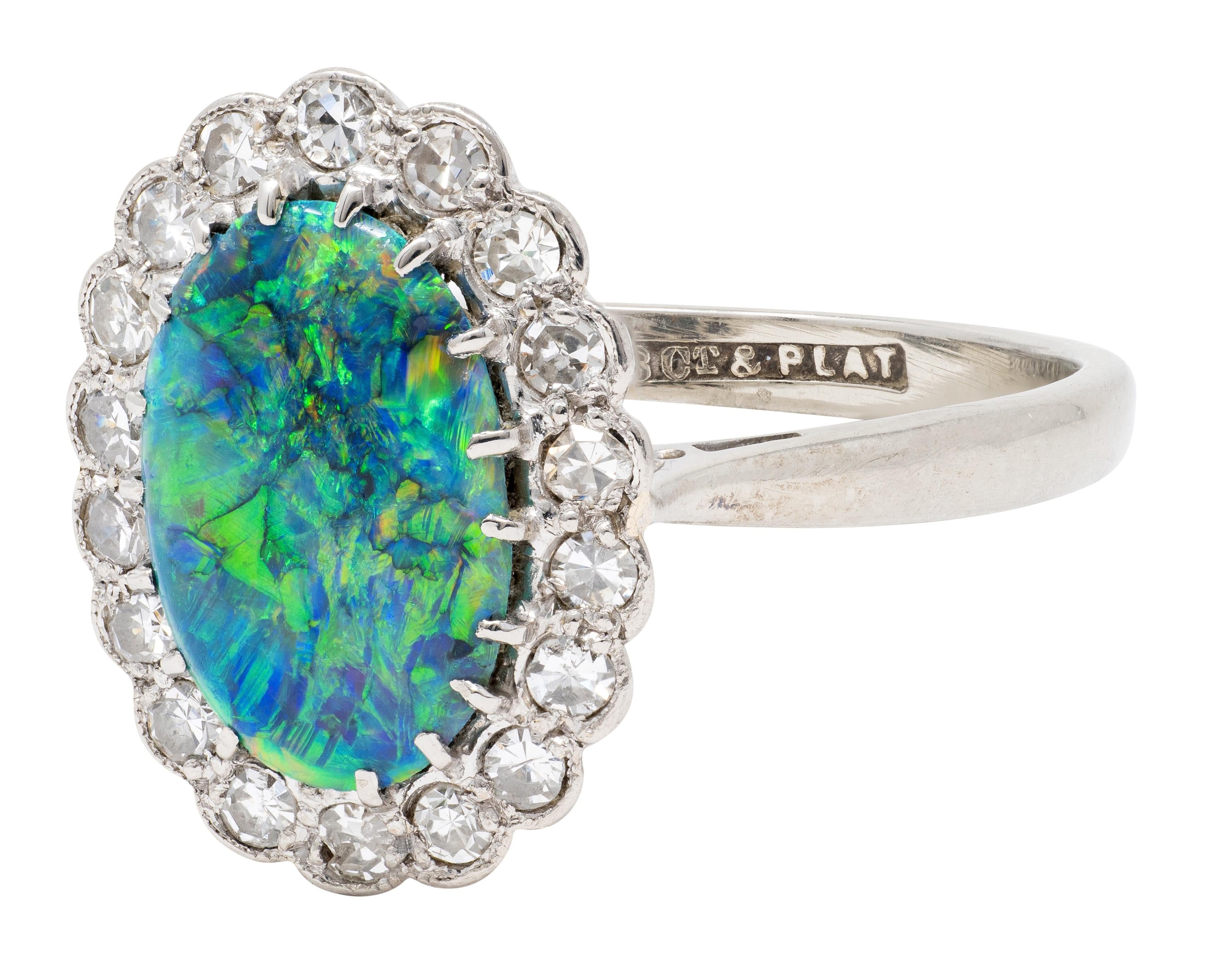 1950's Diamond Opal 18 Karat White Gold Platinum Vintage Halo Ring