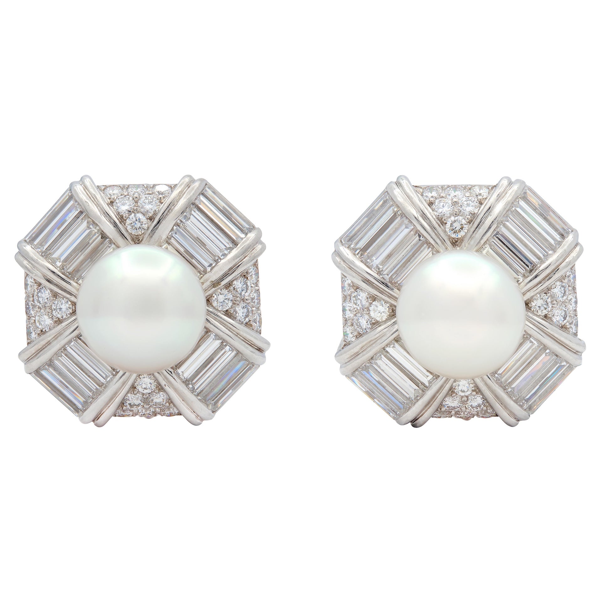 Mid-Century Diamond Pearl Platinum Gold Vintage Octagonal Ear-Clip Earrings